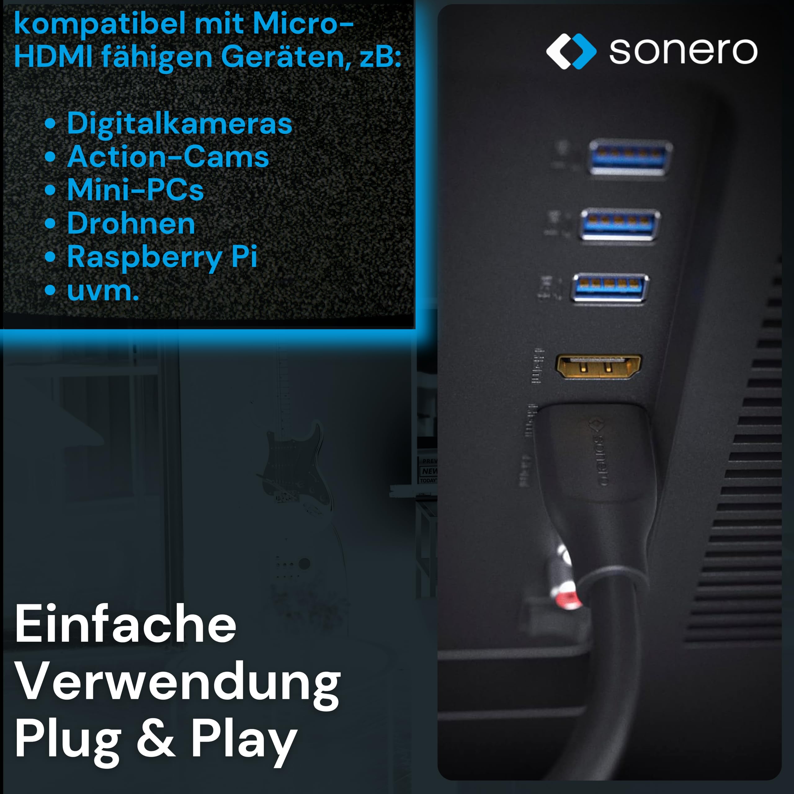 Sonero® Kabel Premium High Speed ​​Micro HDMI do HDMI 4K, wtyczka Micro HDMI D do HDMI A, pozłacane styki, podwójne ekranowanie, 0,50 m