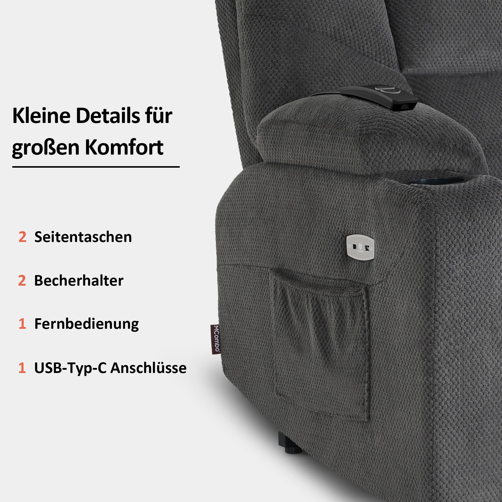 MCombo Fernsehsessel mit Aufstehhilfe Elektrisch, Liegefunktion bis 140°, Seniorensessel mit USB, Dunkelgrau-Stoff