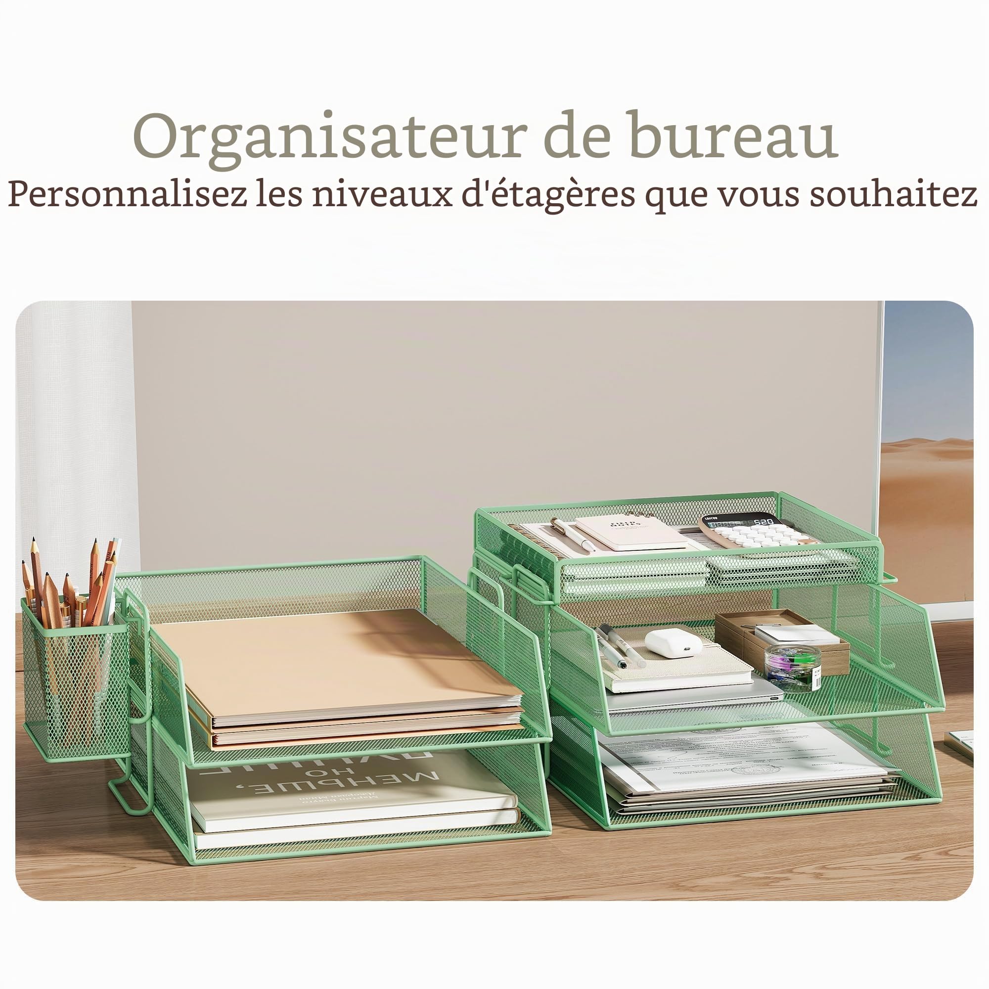Corbeille à courrier empilable à 4 Niveaux pour Bureau, Organiseur de Bureau, bacs à dossiers pour Accessoires de Bureau, Accessoires pour courrier avec Porte-Stylo - Vert