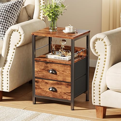 Miniatura 20 de Furologee Juego de 2 mesitas de noche, mesita de noche con 2 cajones de tela, mesitas de noche con estante abierto, parte superior de madera, Roble