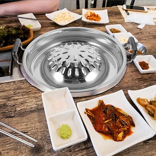 Miniatura 8 de ABOOFAN Sartén tailandesa coreana para barbacoa, de acero inoxidable, para barbacoa, para Shabu, verduras, huevo, cerdo, carne de res, ajo,