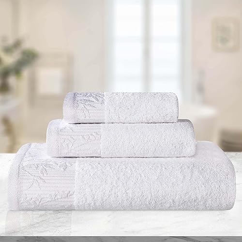 Miniatura 2 de Superior Juego de toallas de algodón de 3 piezas, borde Dobby jacquard floral, secado rápido, baño decorativo, spa, ducha, bañera, incluye 1 baño, 1