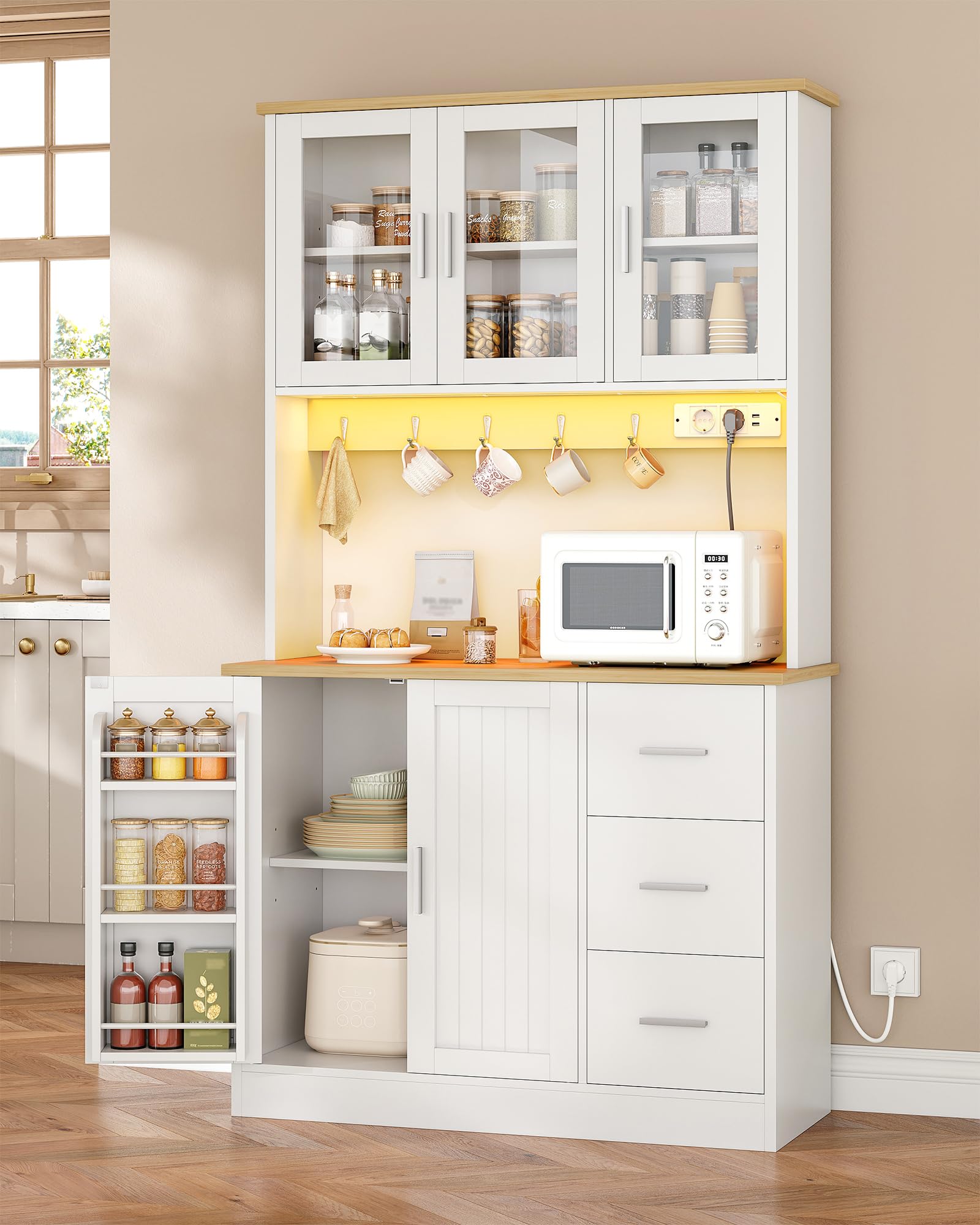 Hzuaneri Credenza Cucina, con 6 livelli Ripiano posteriore della porta, 5 Ante e 3 Cassetti, Illuminazione LED Regolabile e Presa Multipla, Cucina, Soggiorno, 40x100x180cm, Bianco-Rovere PT10303XEU