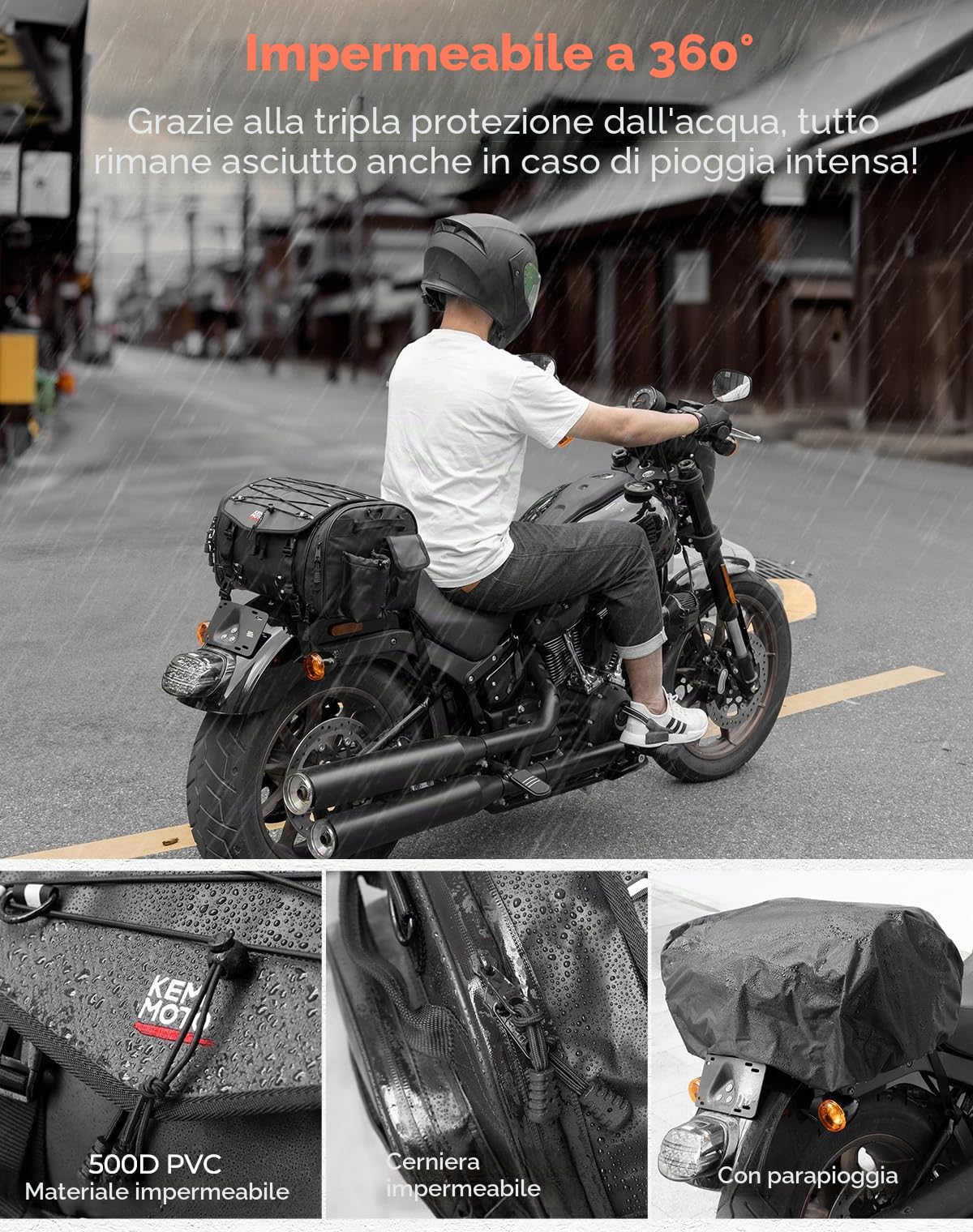 KEMIMOTO Borsa Posteriore Moto, 24-32L Borsa Sella Moto Espandibile Grande Gapacità, Borse Impermeabile Motocicletta con Copertura Antipioggia, Nero