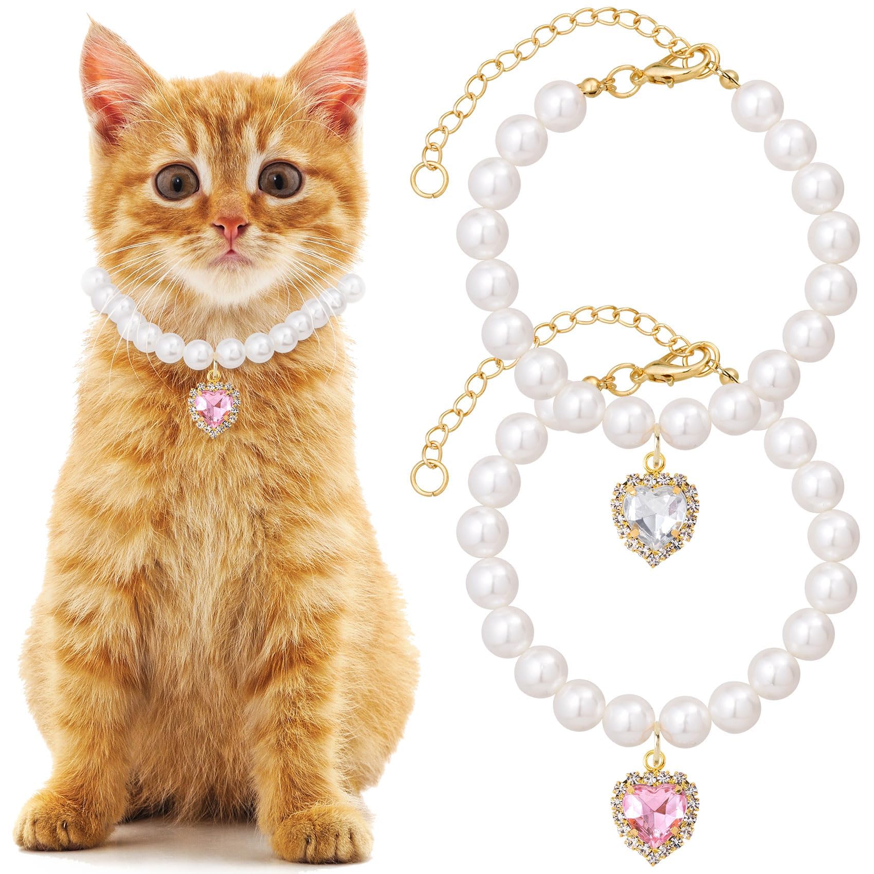 Tarini Cat Necklace, Pearl Cat Collar, 2 Pcs Cat Pearl Necklace, Adjustable Heart Rhinestone Pet Collar, Elegant Cat Jewelry Accessories for Daily Wear, Parties & Photo-Taking (White & Pink)-image-23