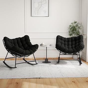 Oversized Wicker Papasan Rocking Chair Set of 2, Indoor Outdoor Egg Chair Rocker, Comfy Patio Recliner with Modern Egg Style, Black