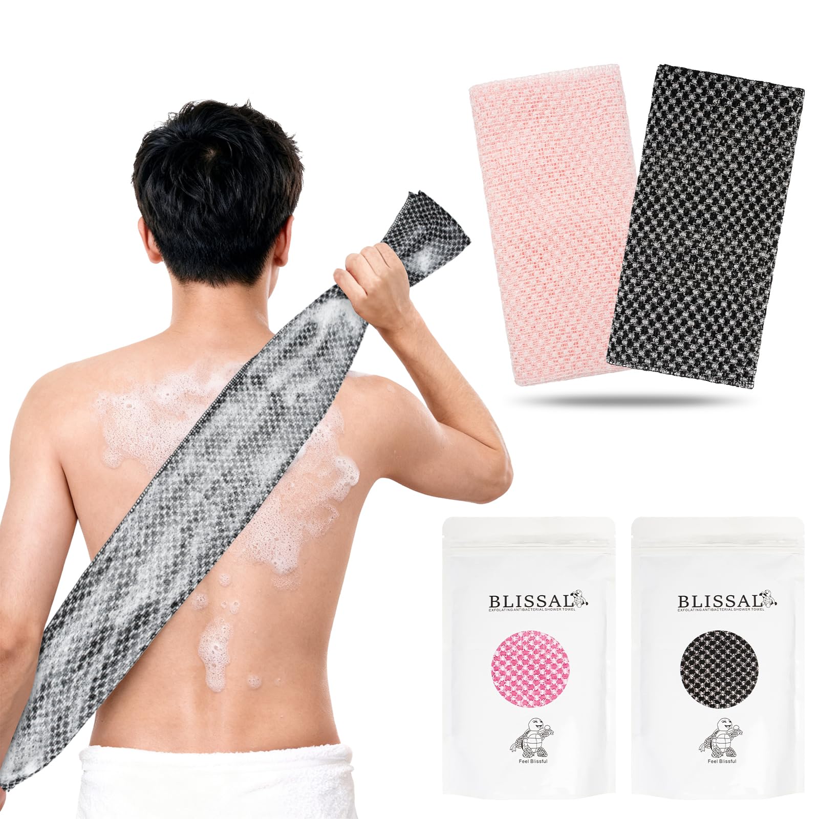 2 piezas de toalla de baño exfoliante antibacteriana Blissal para una piel suave, toalla de ducha para peeling corporal y de espalda para hombres y mujeres (Rosa + Negro)