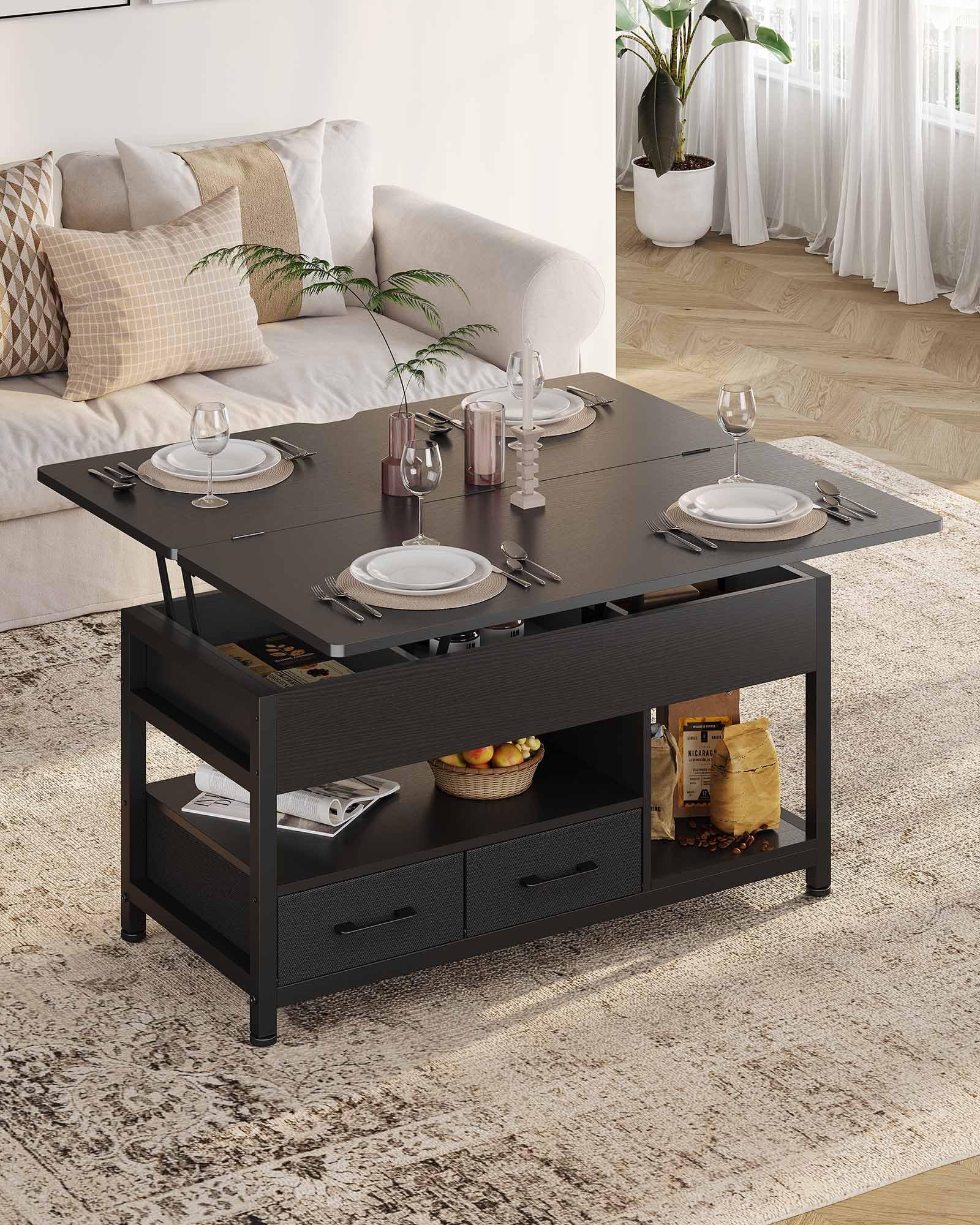 Couchtisch Höhenverstellbar, 3-in-1-Multifunktions-Wohnzimmertisch, Couchtisch mit 2 Schubladen, Kaffeetisch, Versteckte Aufbewahrung, Offenes Fach, Als Esstisch nutzbar, für Wohnzimmer, Büro, Schwarz