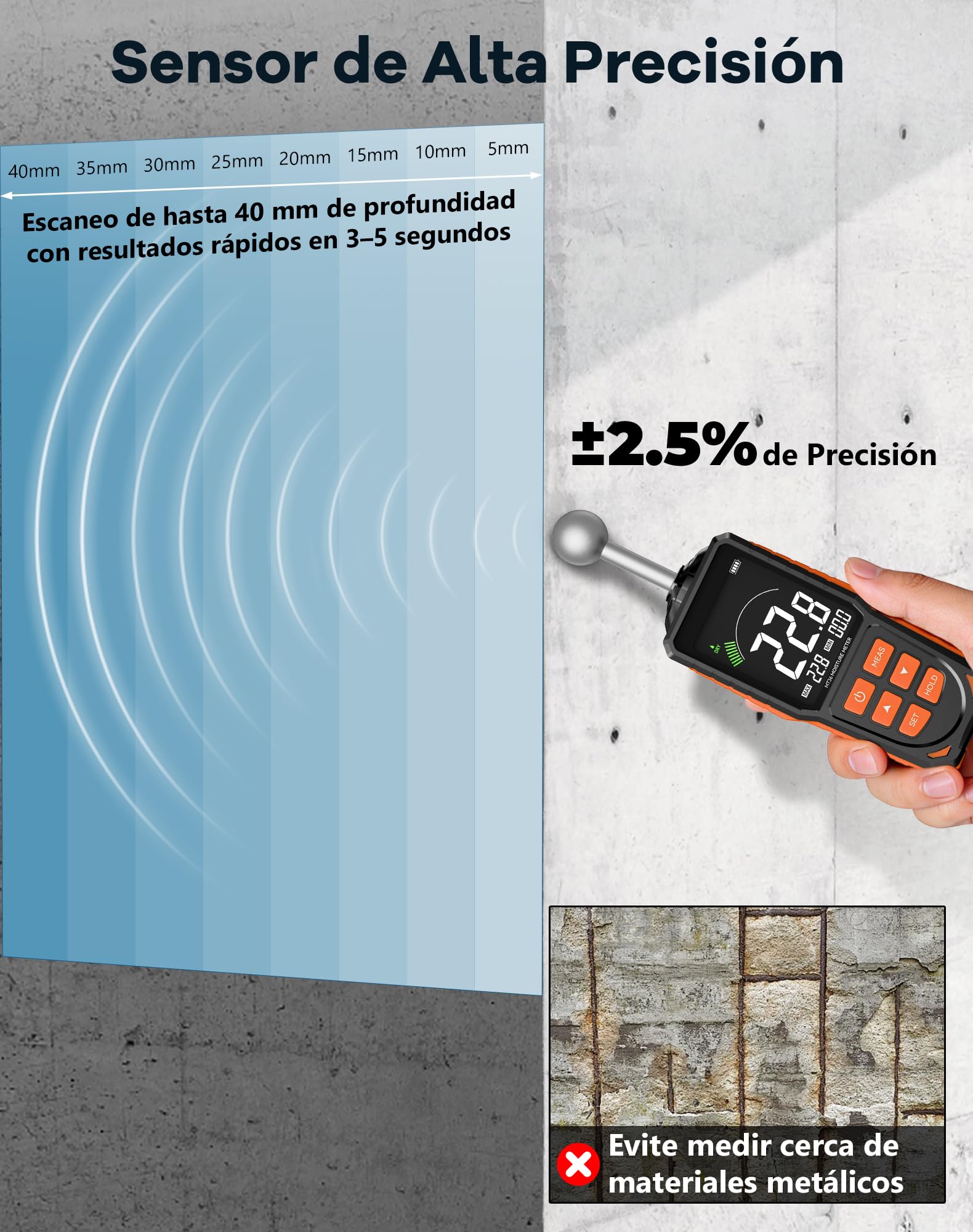 Medidor de Humedad para Pared y Madera, Sin Pines Profesional Detector de Humedad No Destructivo con Sonda Esférica Escaneo Profundo 40 mm, Alarma Sonora para Hormigón, Casa y Autocaravanas
