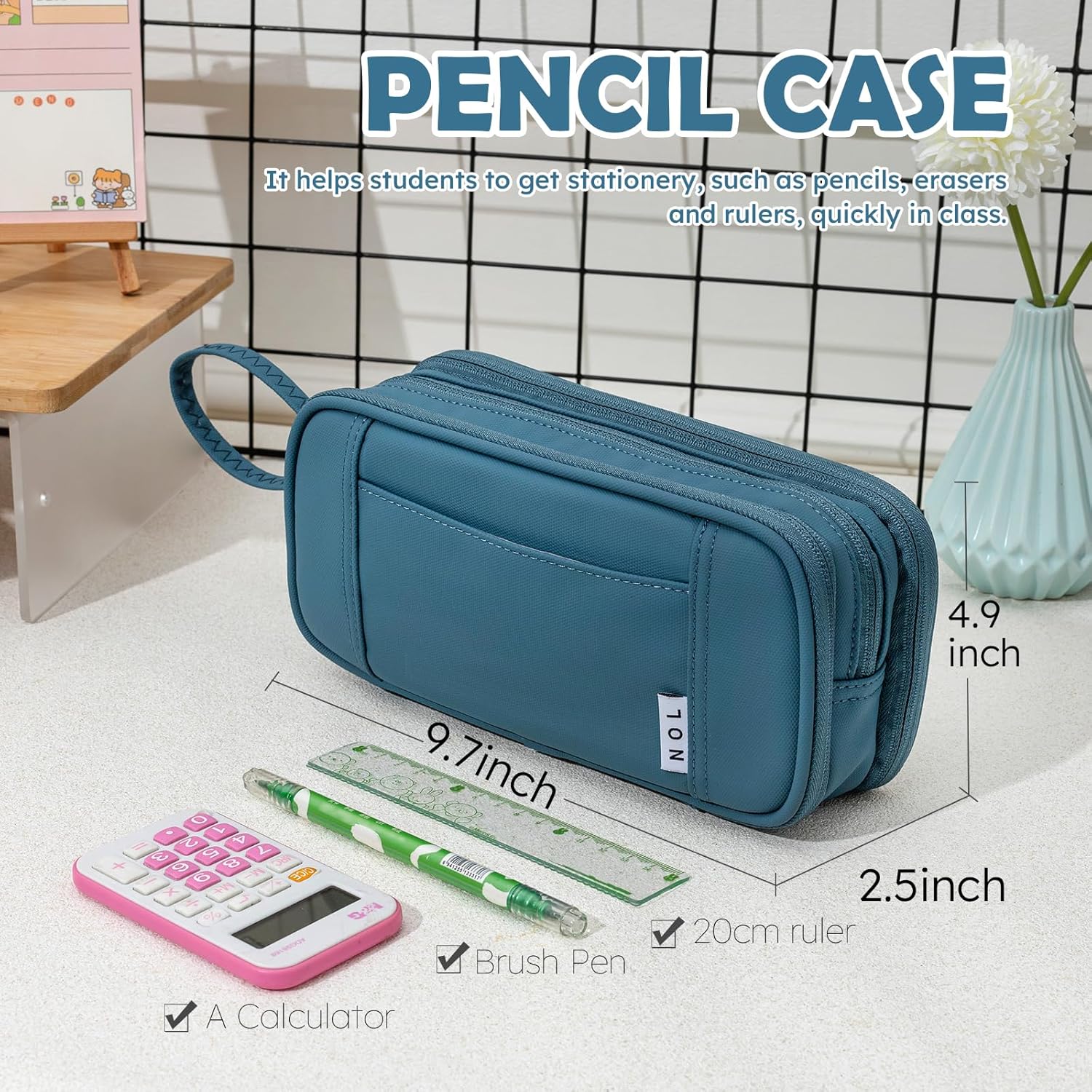 NOL Natural Organic Lifestyle Large Capacity Pencil Case Zipper Pencil Purse 3 Compartment Pencil Pouch Office Stationery Organizer Multi-functional Pencil Bag for School Girl Boy Adults - Dusty blue - Image 2