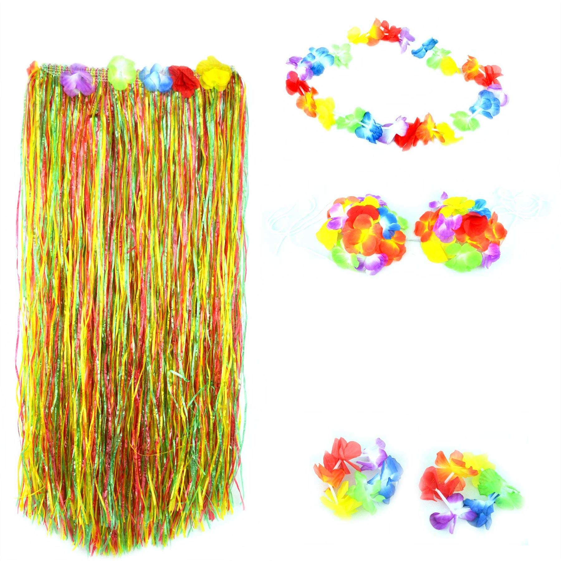 SHATCHI Flower Sunglasses Table Hawaiian Luau Beach Summer Party Accessories, Multi, 6pcs Set (Skirt, Necklace, Headband, Bra, 2 Bracelets)