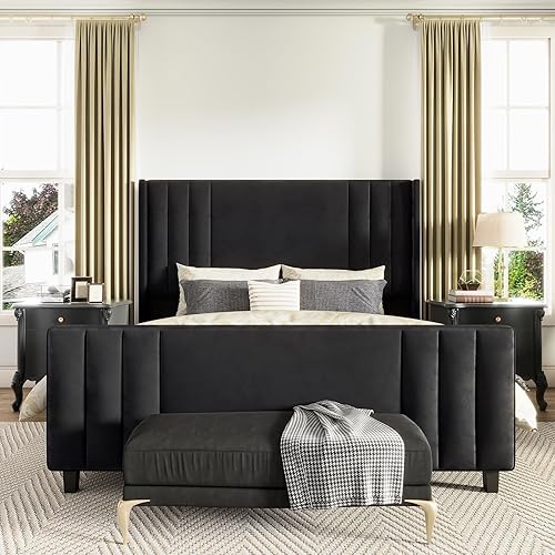 Miniatura 10 de AMERLIFE King Size Bed Frame Velvet Upholstered Platform Bed with Vertical Channel Tufted Headboard  FootboardWingback Mattress Foundation with Wood