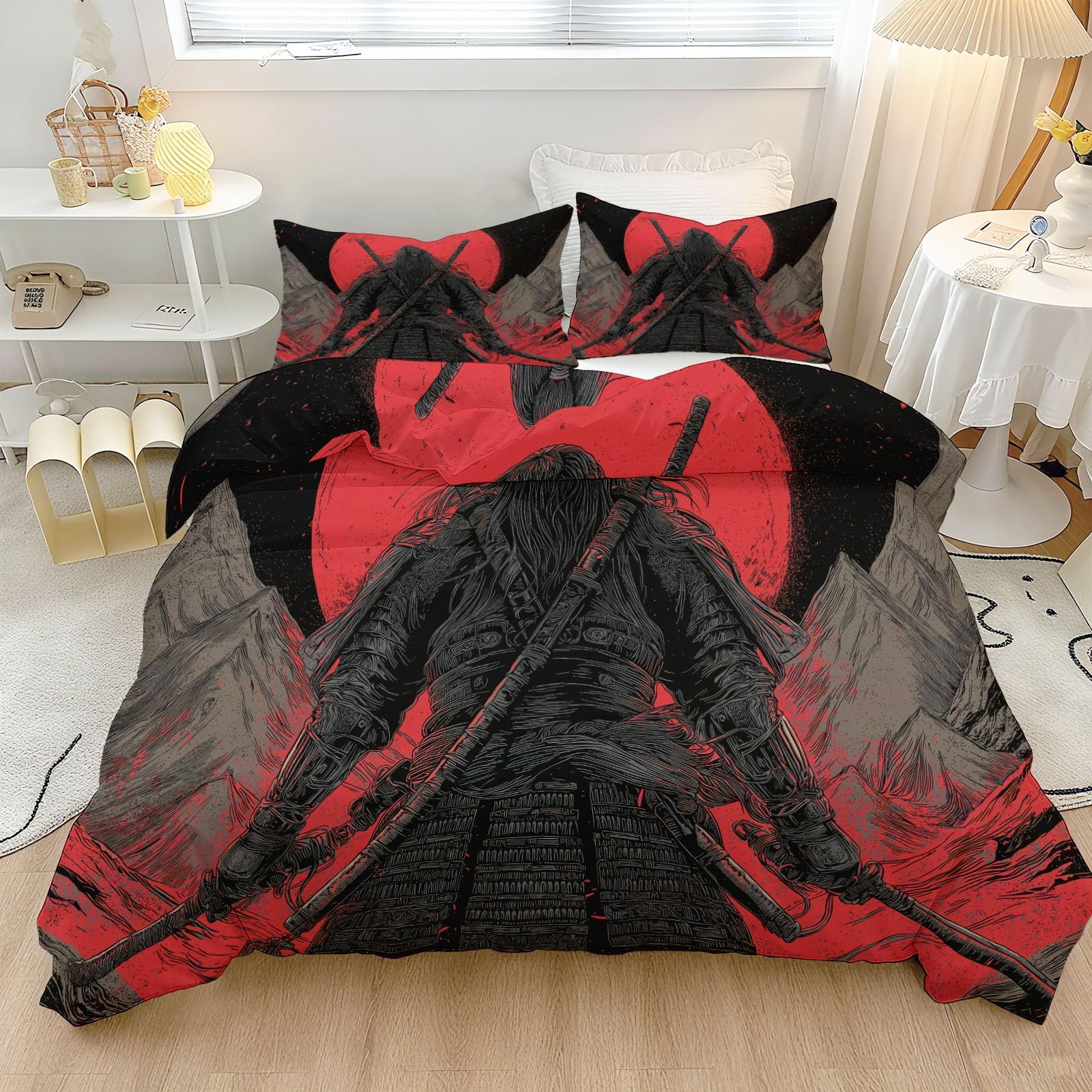 Poszewka na kołdrę z mikrofibry 180 x 200 cm z 2 poszewkami na poduszkę 80 x 80 cm, antypoślizgowa, z 4 narożnymi tasiemkami, wzór retro, samurajski Red Moon, czerwono-czarna