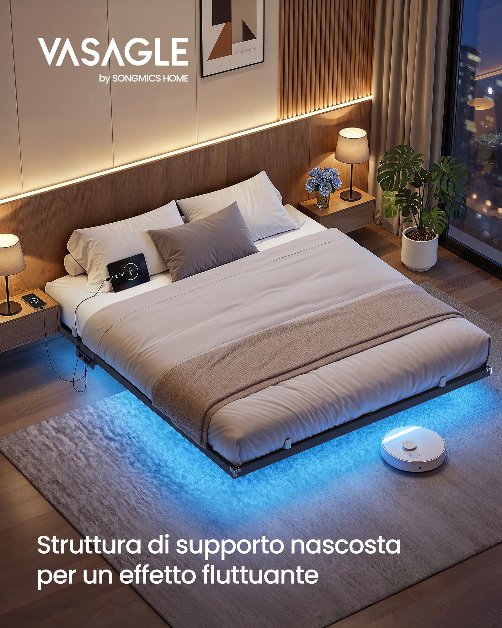 VASAGLE Struttura Letto 160 x 200 cm con LED, Effetto Fluttuante, Multipresa Rimovibile, 2 Prese AC, 1 Porta USB-C, 1 Porta USB-A, 1 Porta USB-A sul Retro, Portata 500 kg, Nero Inchiostro RMB175B101