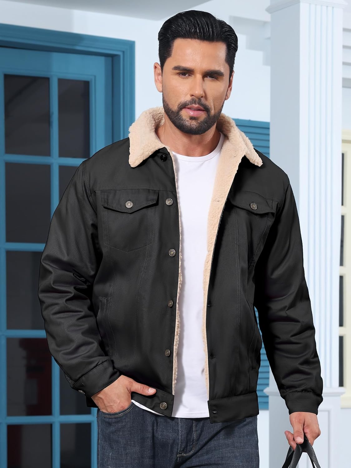 LMHCISO Men's Sherpa Jacket Fleece Lined Cotton Winter Cargo Coat Thick Thermal Warm Trucker Jacket with Multi Pockets - Image 2