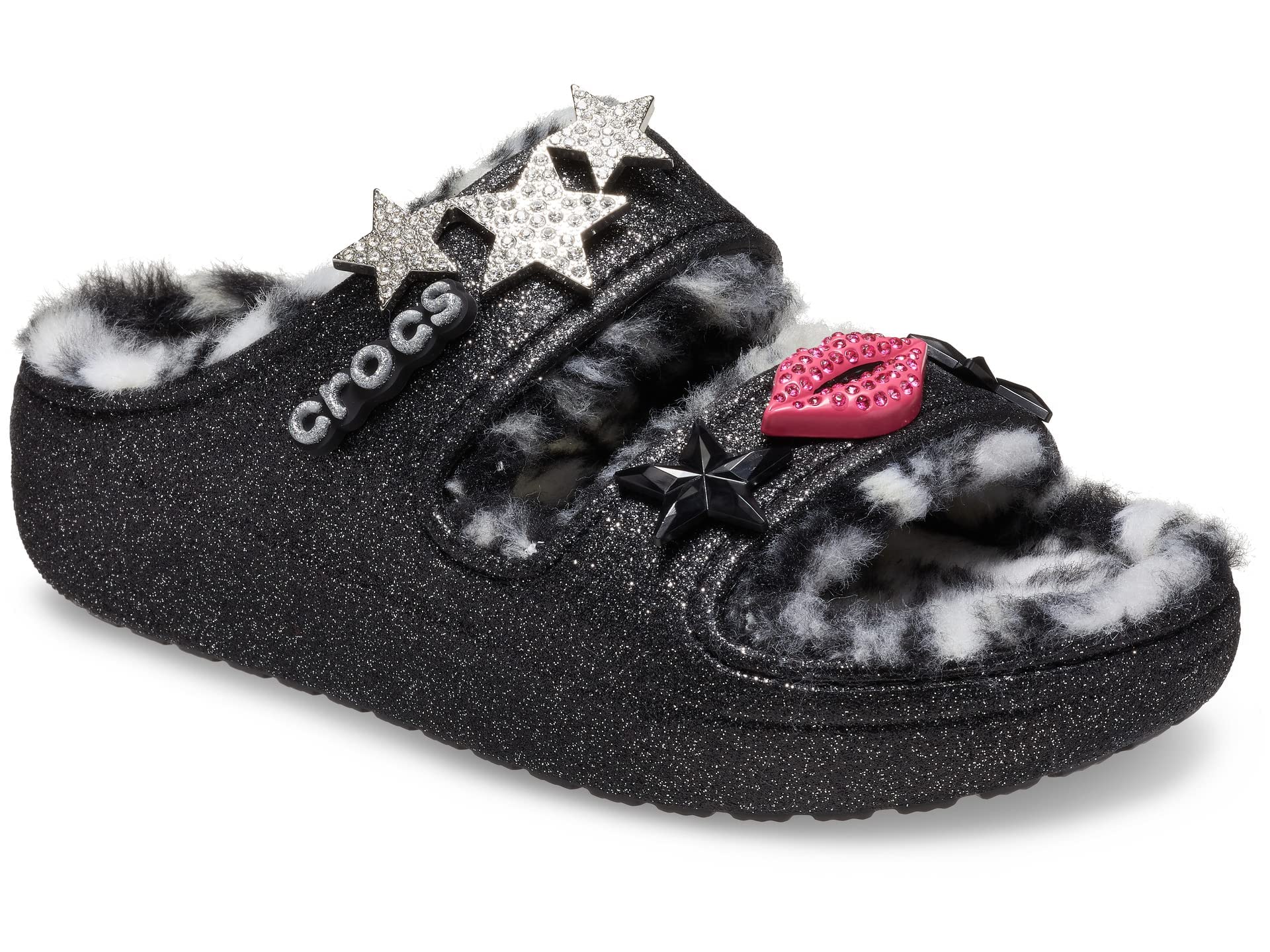 Crocs Unisex-Adult Classic Cozzzy Sandals, Fuzzy Slippers and Slides, Black/Multi Disco Glitter, 2 Men/4 Women