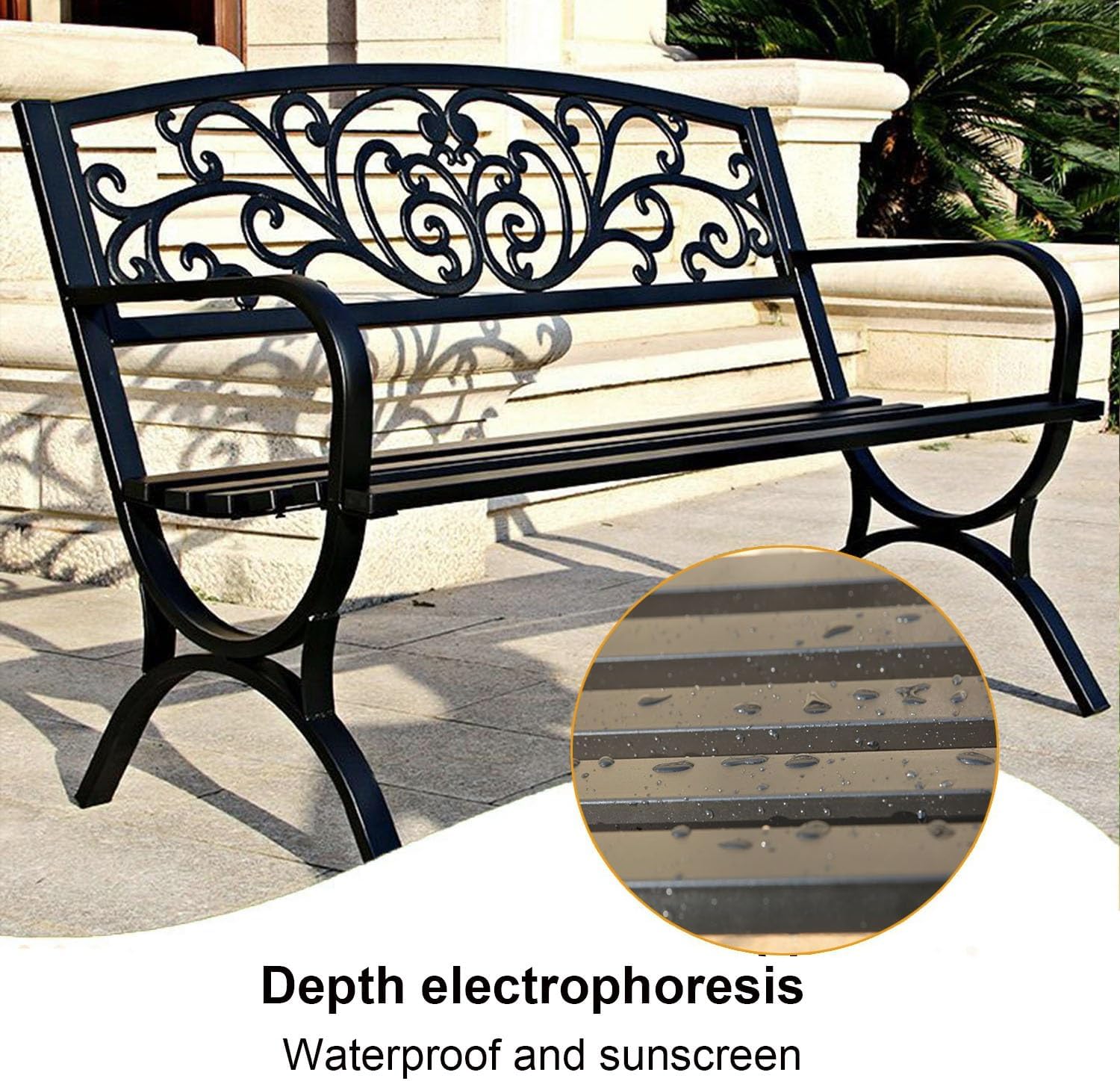 Weatherproof 50" Outdoor Metal Garden Bench for 2, Floral Backrest & Arch Legs, Stylish Patio Seating, Ideal for Lawn, Porch, Park & Backyard Furniture (Black)