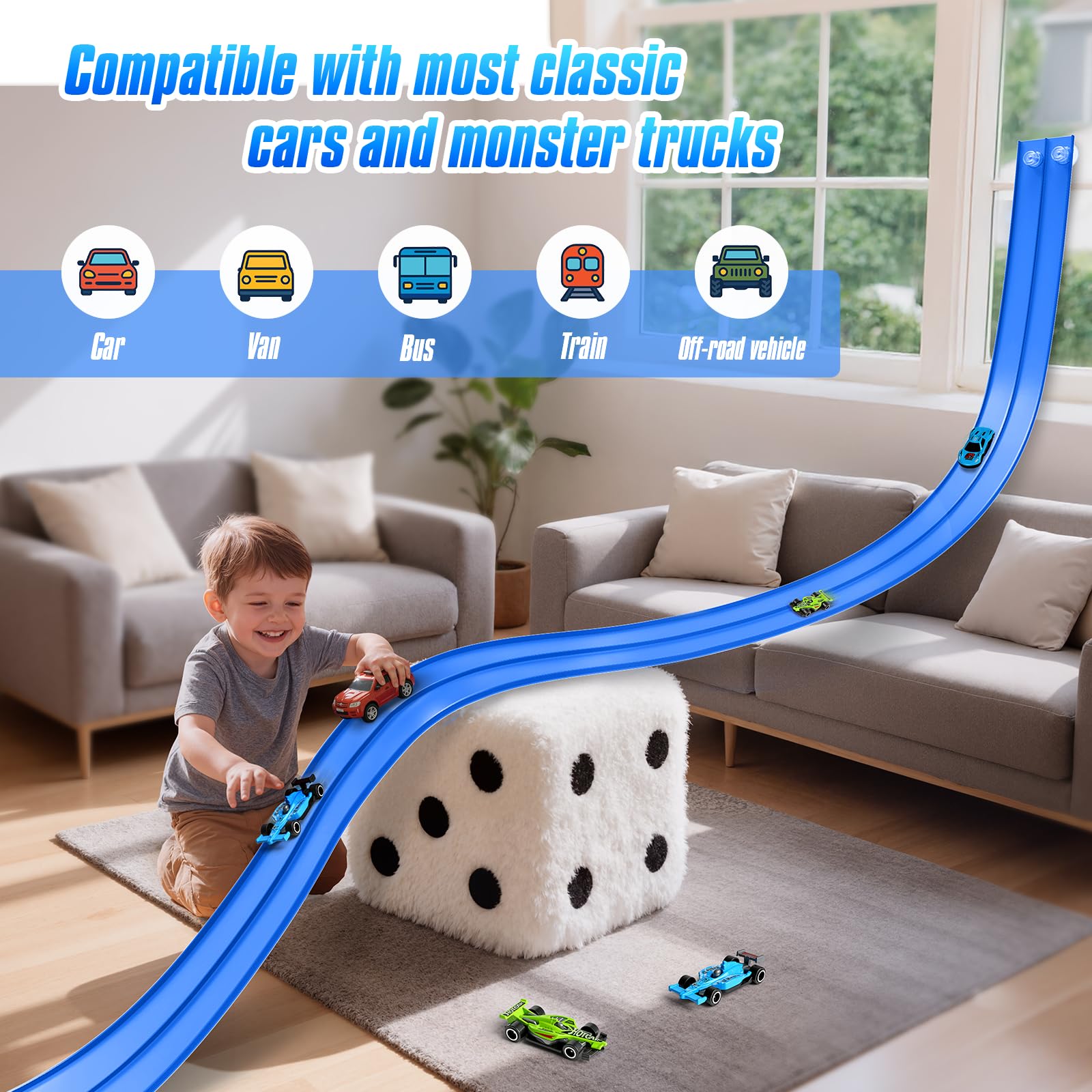 Hot Bee 14.7ft Flexible Race Track for 1:64 Diecast Cars, Soft Silicone Blue Car Track with Heavy-Duty Suction Cups - Image 2