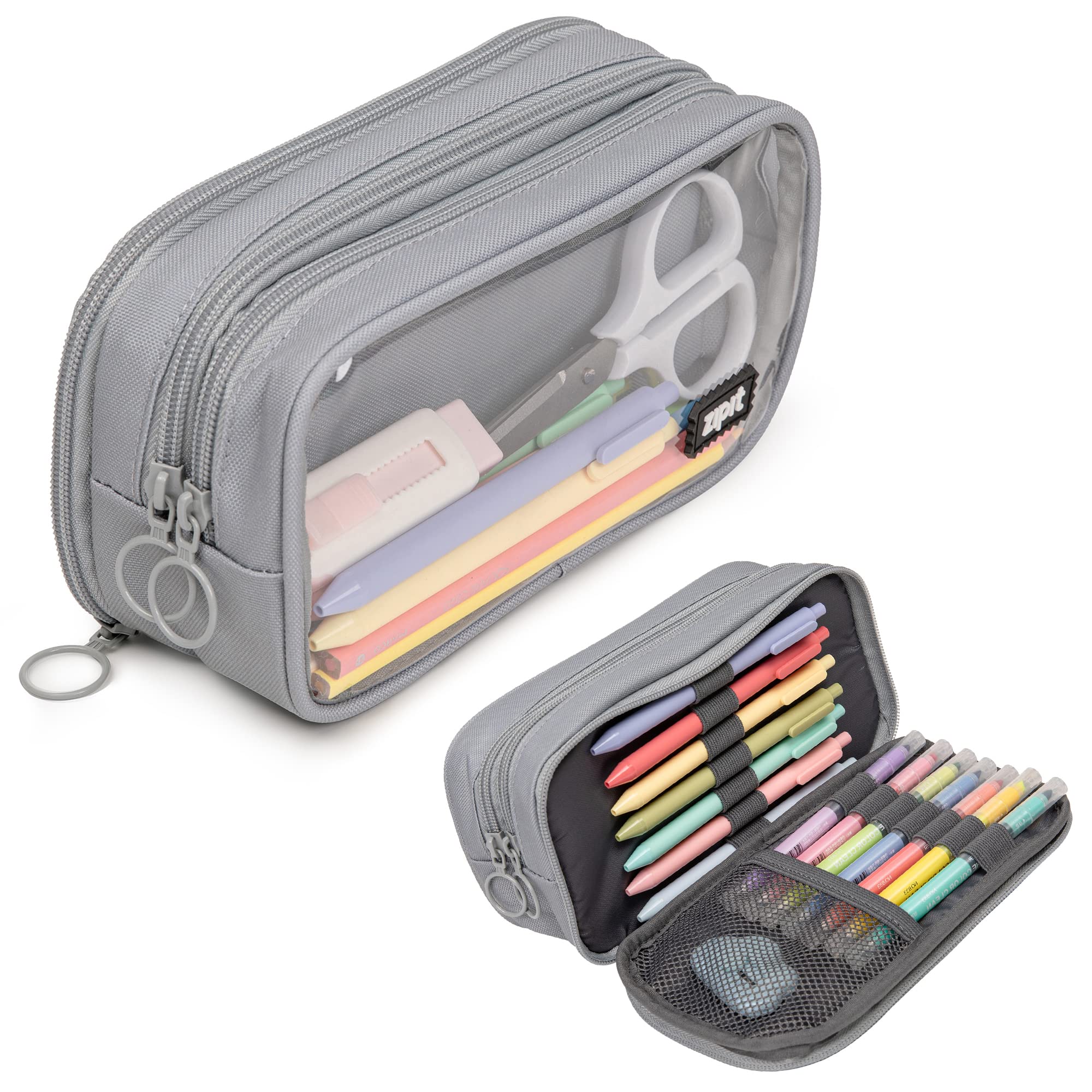 ZIPIT Half & Half Pencil Case, 3 Compartment Zipper Pouch for School, Stationery Bag for Teen Girls Boys and Adults, Grey