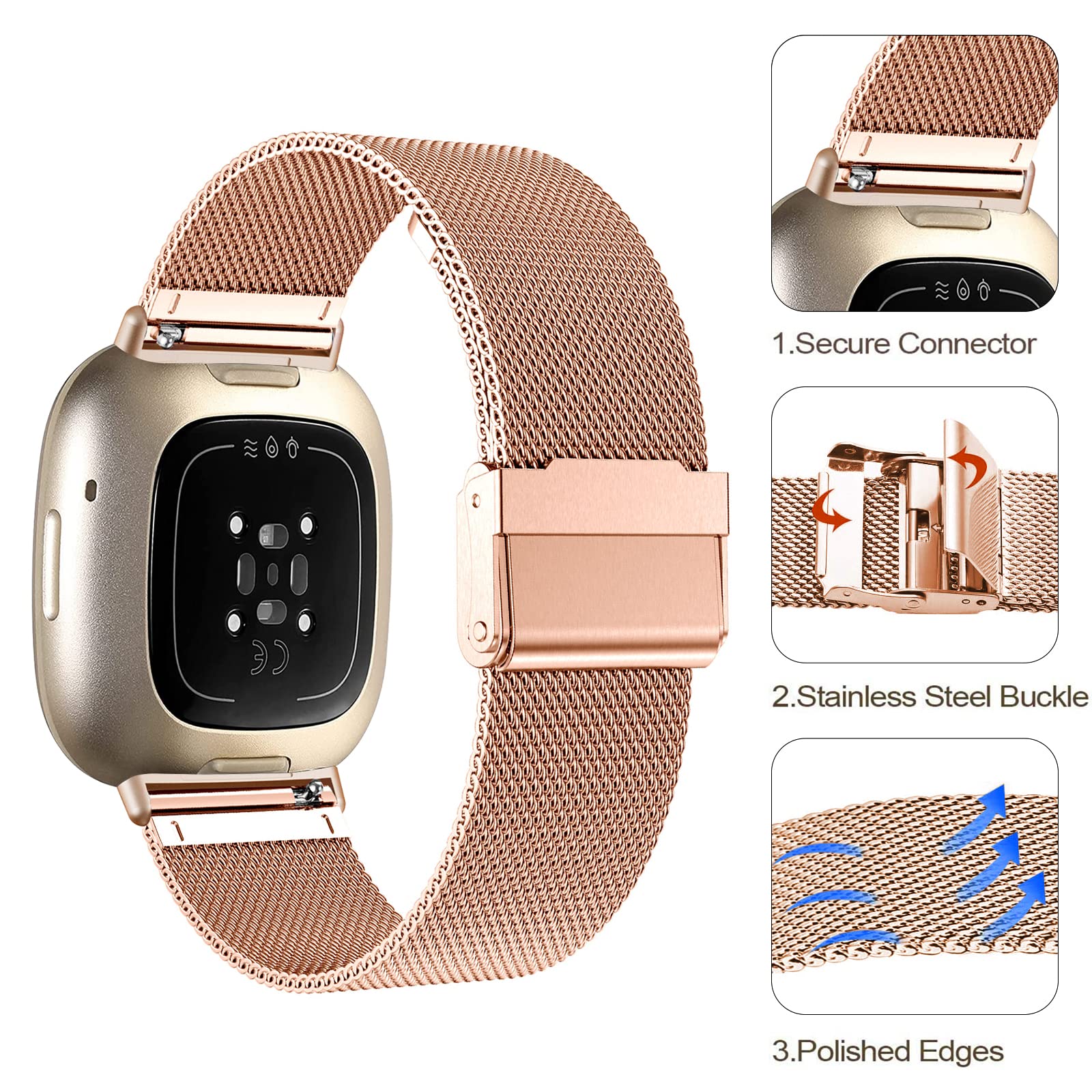 Bracelet Métal Acier Inoxydable Pour Fitbit Versa 3 Et Sense - Taille Ajustable 15.5-22 Cm - Boucle Déployante
