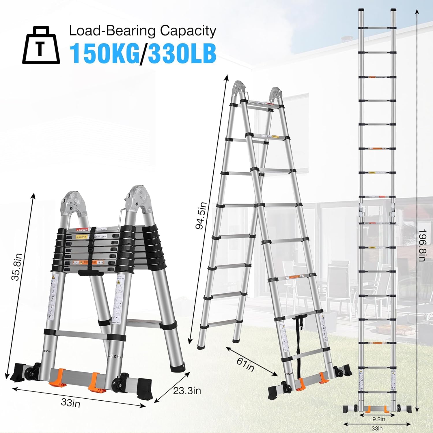 Telescoping Ladders 16.5FT A Frame Stainless Steel Folding Extension Ladder, with Anti-Slip Balance Bar & Movable Wheel, Multi Position Collapsible Ladder for Outdoor Indoor, 330lbs Max Capacity