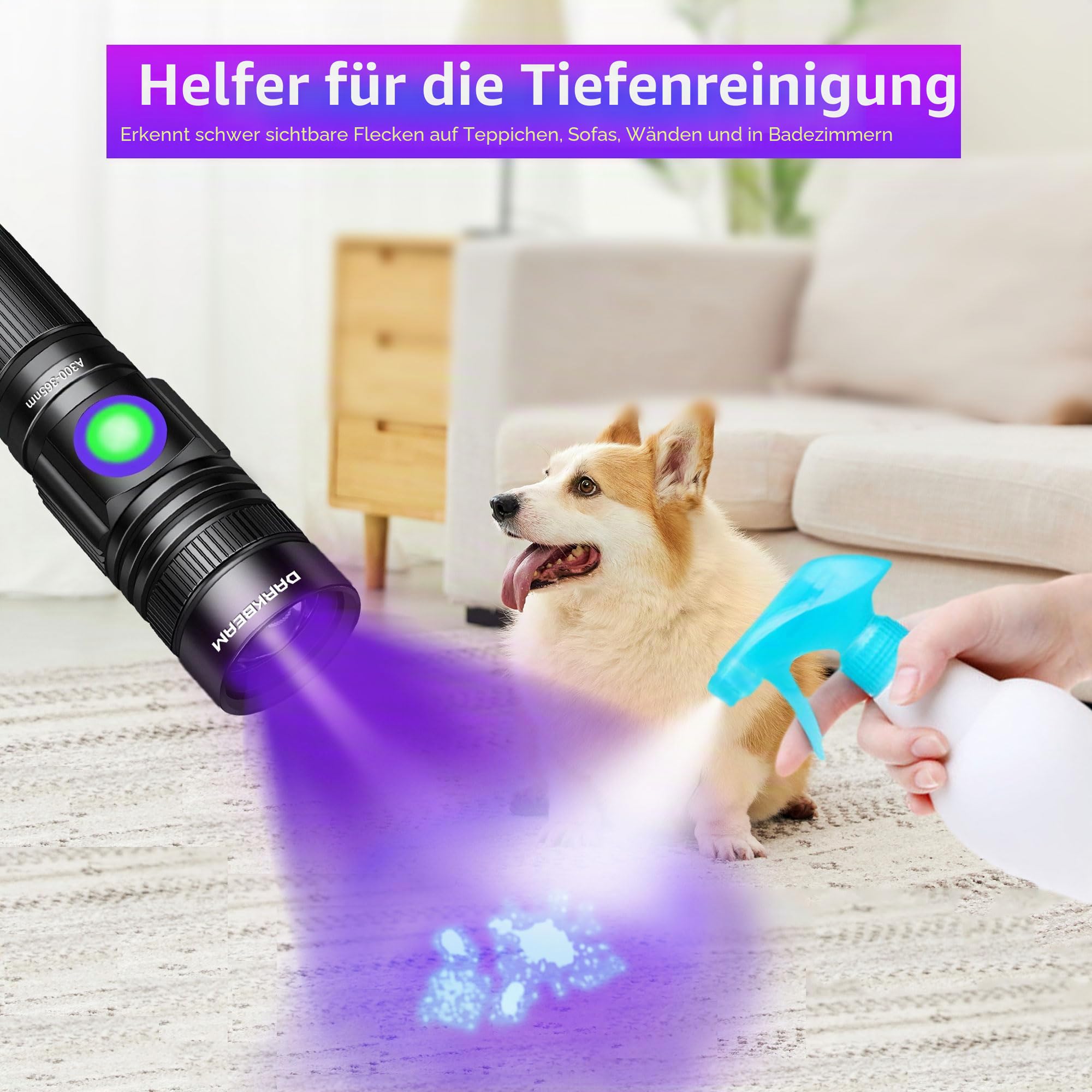 DARKBEAM UV Schwarzlicht Taschenlampe 395nm - Ladekabel USB Woods Lampe Mini Ultraviolett Licht LED Schwarzlichtlampe - Aushärtung von Harz, Detektor für Haustier/Katze/Hund Urin,Flecken,Skorpione