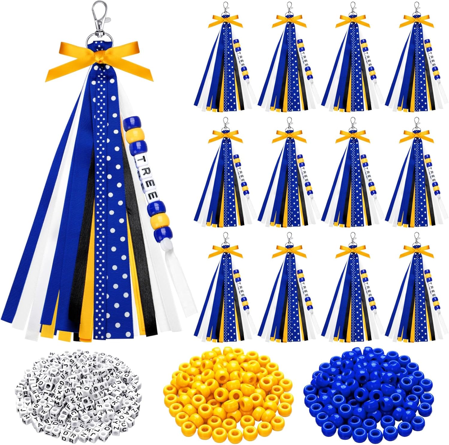 Nosiny 12 Pcs Cheer Keychains Cheerleader Gifts for Team Personalized DIY Bead Ribbon Keychain Kit Cheer Bag Tags for Women