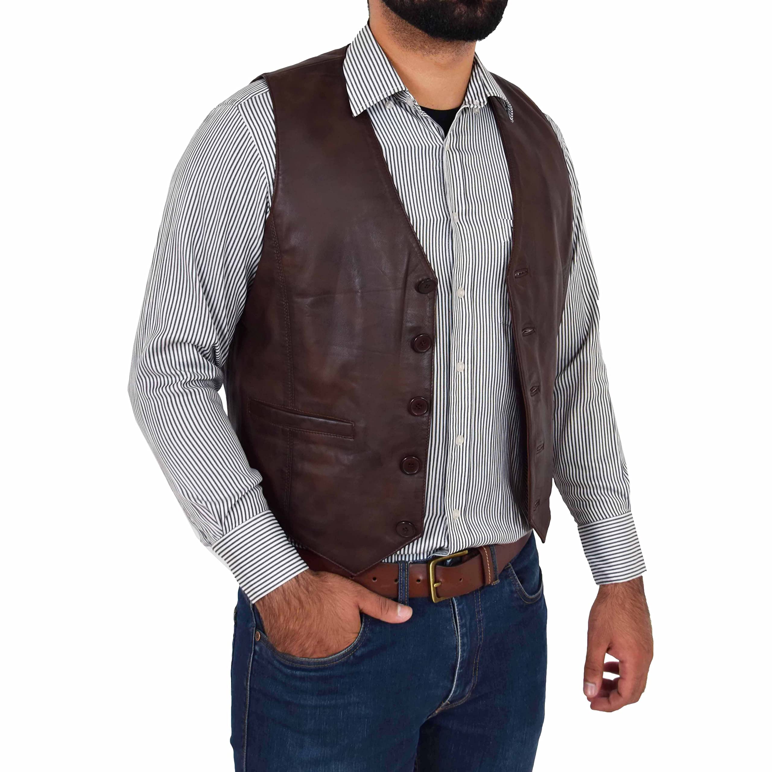 DR135 Gilet classique en cuir pour homme Marron