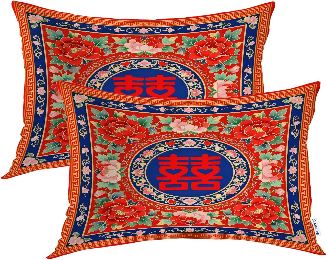 Batmerry Double Happiness Pillowcases, Chinese Wedding Traditional Art Decorative Bed Pillowcases Digital Printing Blended Fabric Bedroom Set Hidden Zipper On Short Side 20X26 in