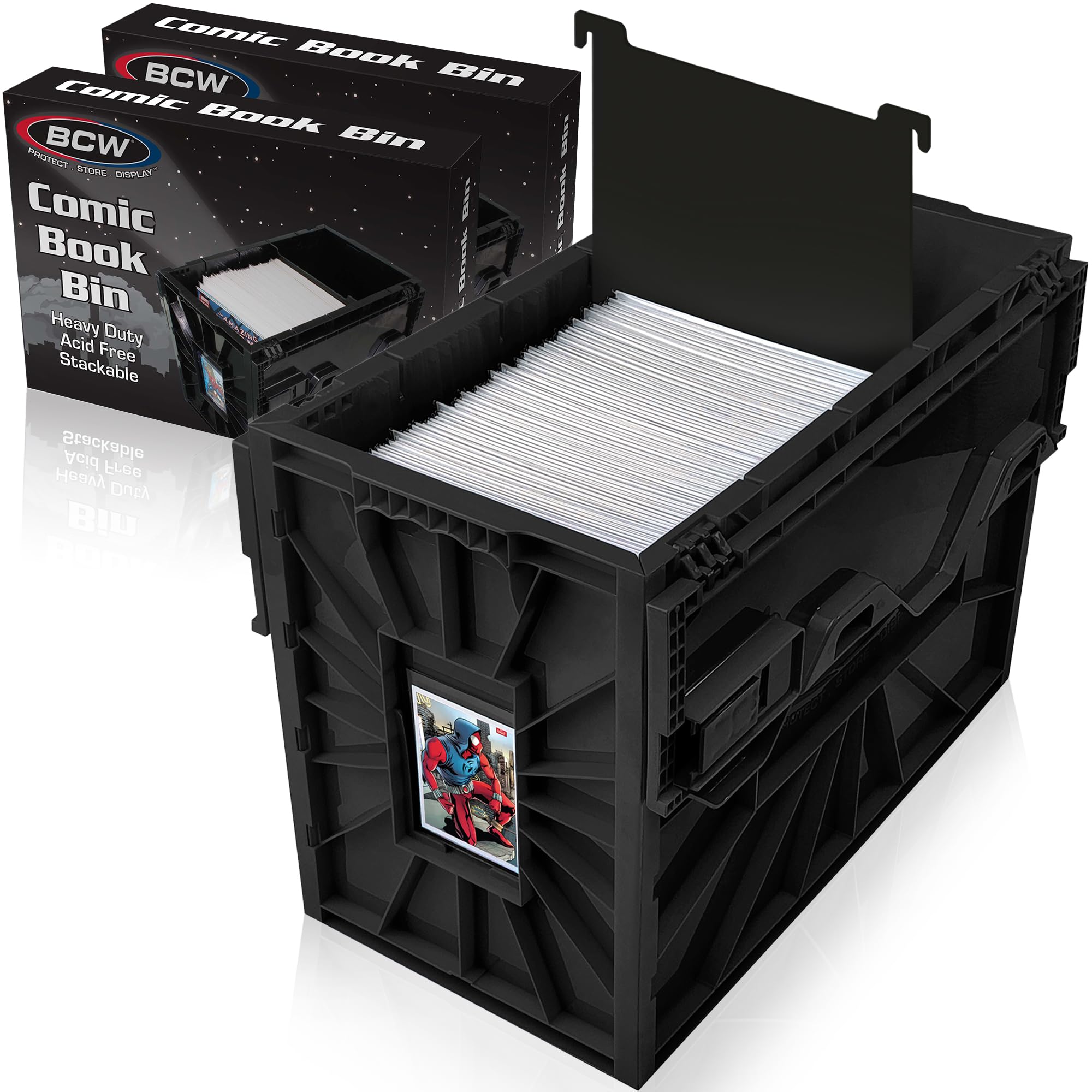 BCW Short Comic Book Bin | Holds 150 Comics | Stackable Plastic Storage | Acid-Free Organizer | Black, 2 Pack | Comic Book Bin