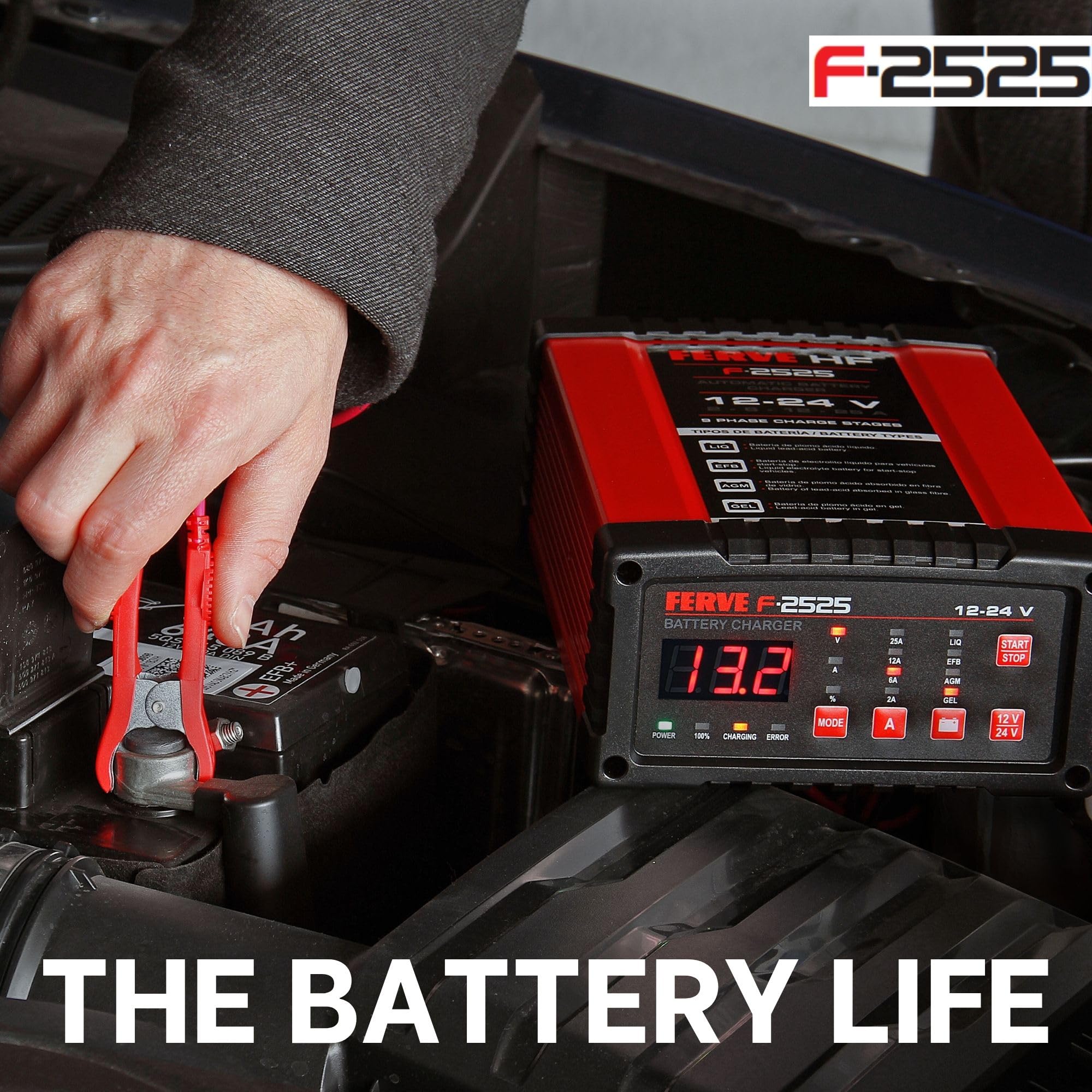 Ferve F-2525 Cargador de Baterías Automático - Mantenedor Inteligente 2-25A 12V/24V – Función Test y Alternador – Tecnología RF – Pantalla LED con Voltímetro y Amperímetro – para Baterías Plomo-Ácido