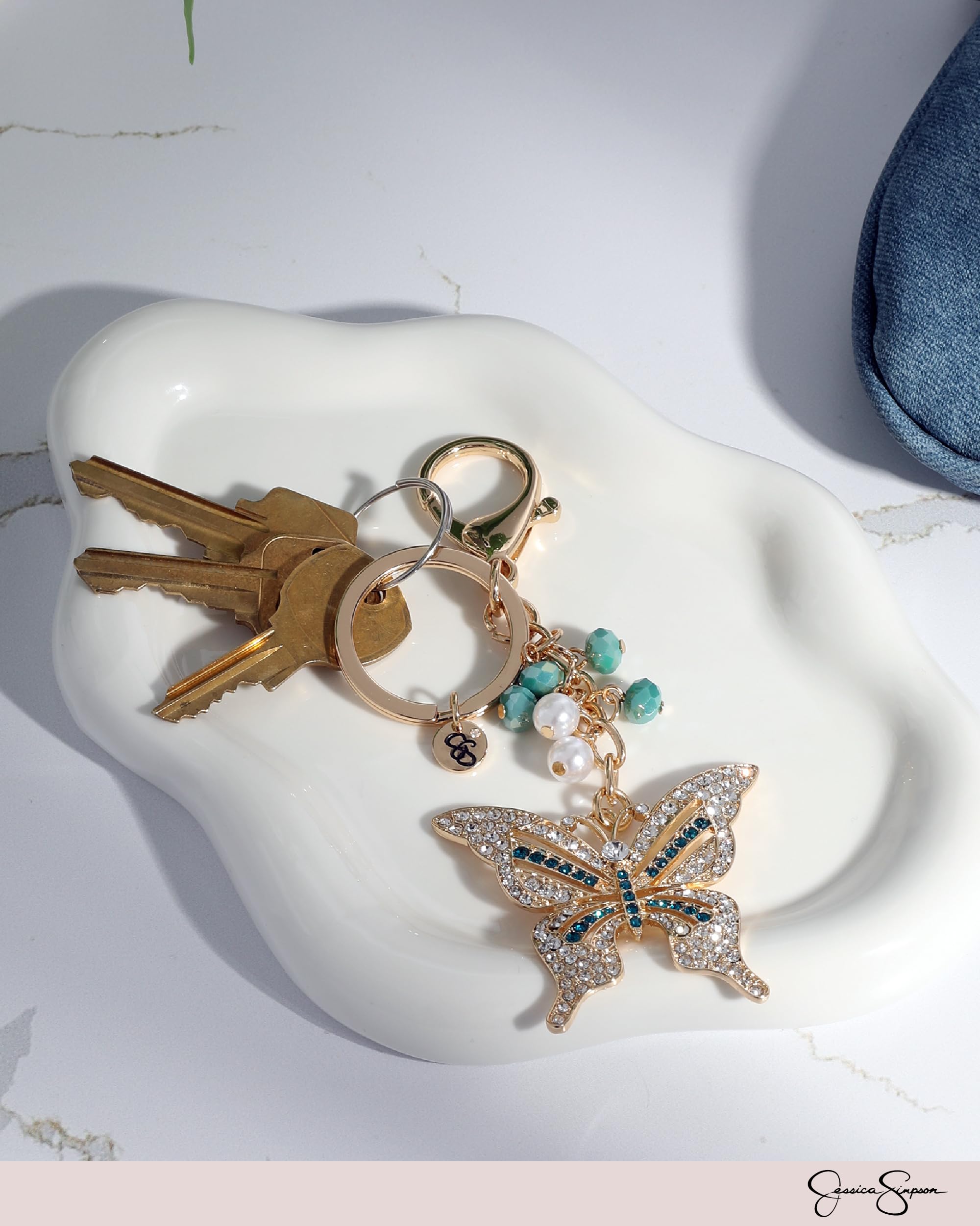 Jessica Simpson Pave Crystal Butterfly Keychain, Gold-Tone Keychain with Butterfly Charm, Purse and Bag Charms