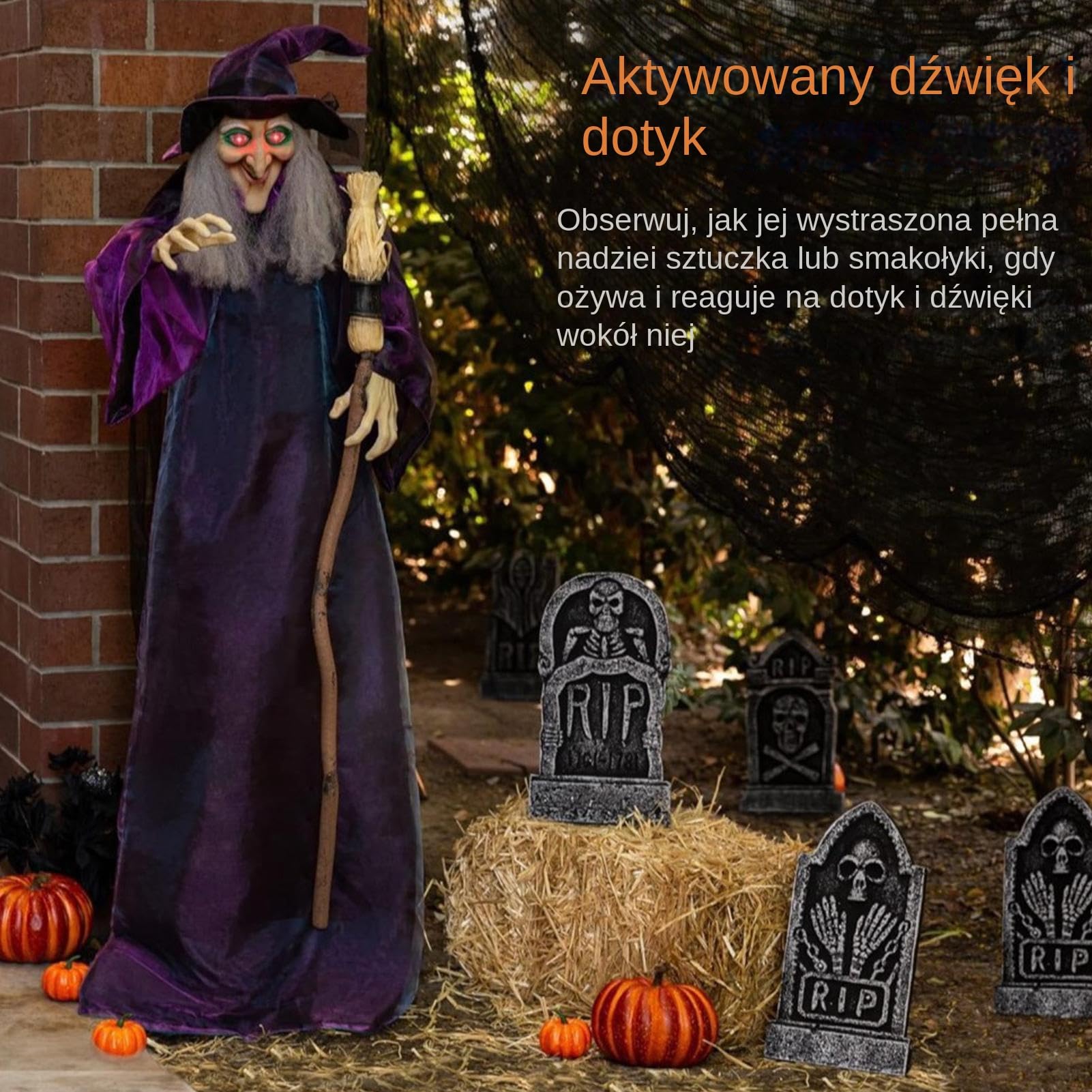 Dekoracje Zewnętrzne Na Halloween Z Czarownicą Upiorne Akcesoria Świąteczne | Przerażające Halloweenowe Dekoracje Dźwiękowe Czarownicy Do Wejść Na Przyjęcie Podwórko