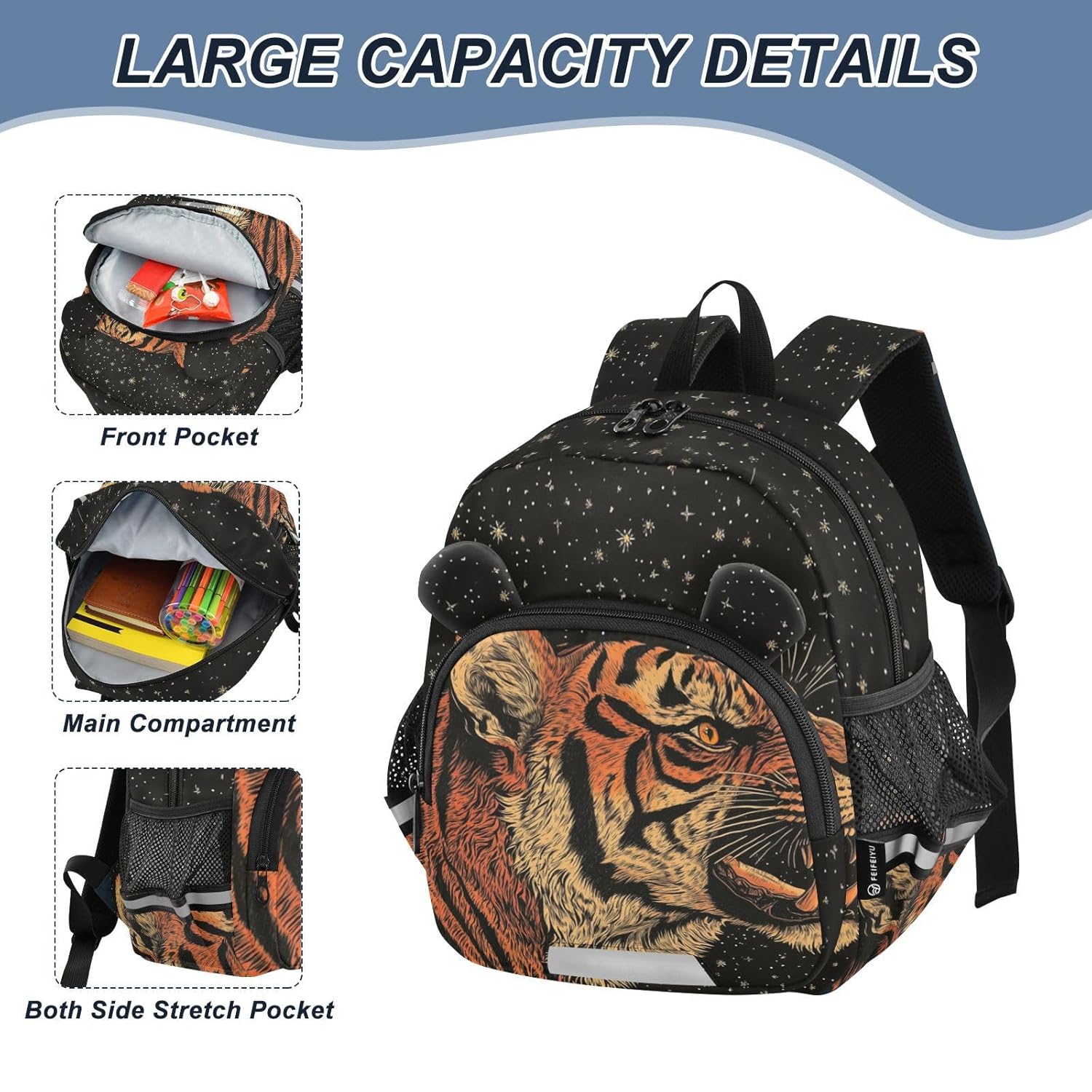 Tiger Starry Night Black Toddler Harness Backpack for Boys Girls 3-6 Years Kids Backpack with Anti Lost Safety Leash Child Leash Backpack for Walking Preschool Travel