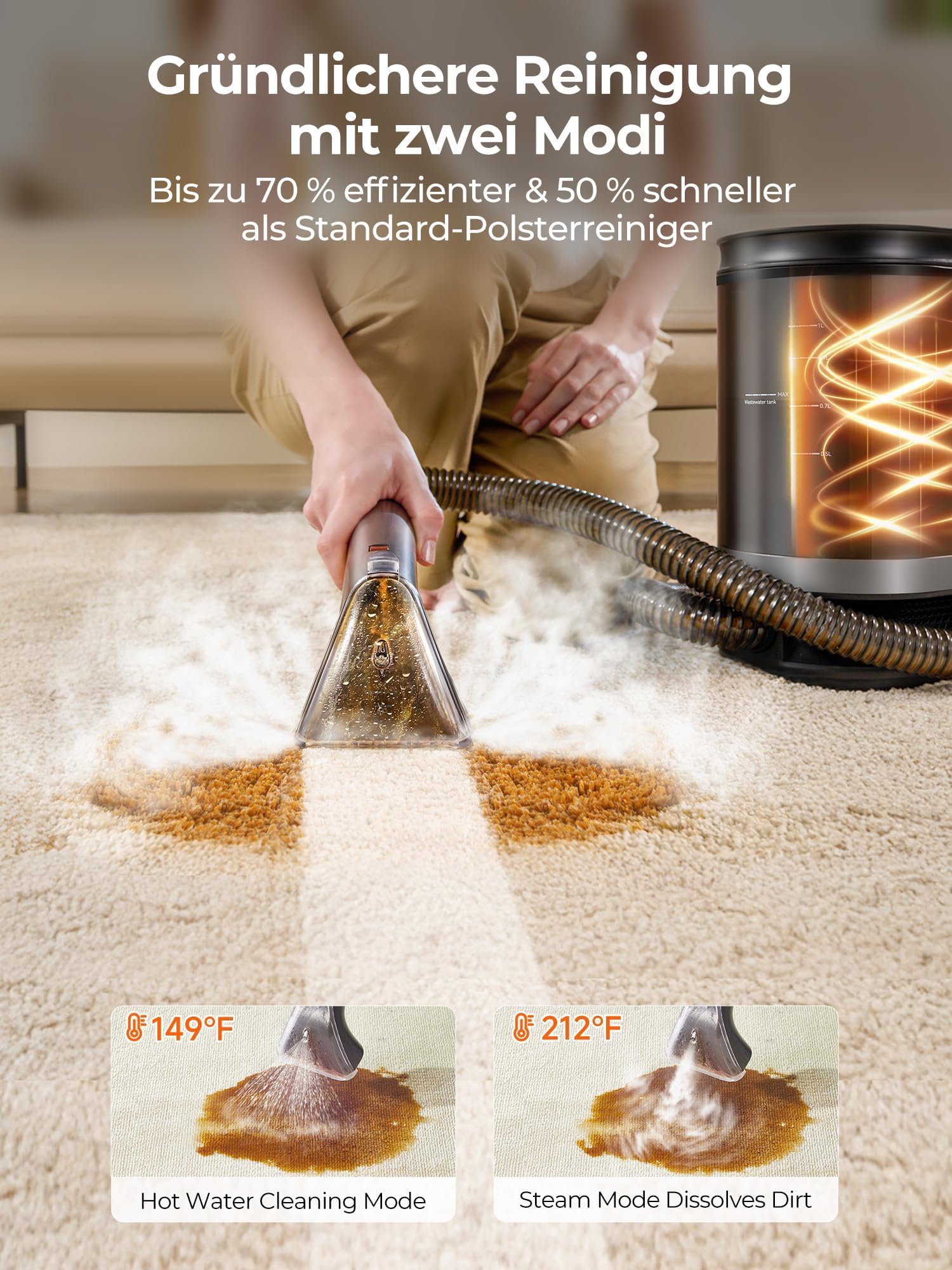 Uwant B400 - Limpiador de vapor para tapicería, 18 kpa, limpiador de alfombras, limpiador de alfombras, para manchas y suciedad diarias, con manguera para alfombras, sofá y coche