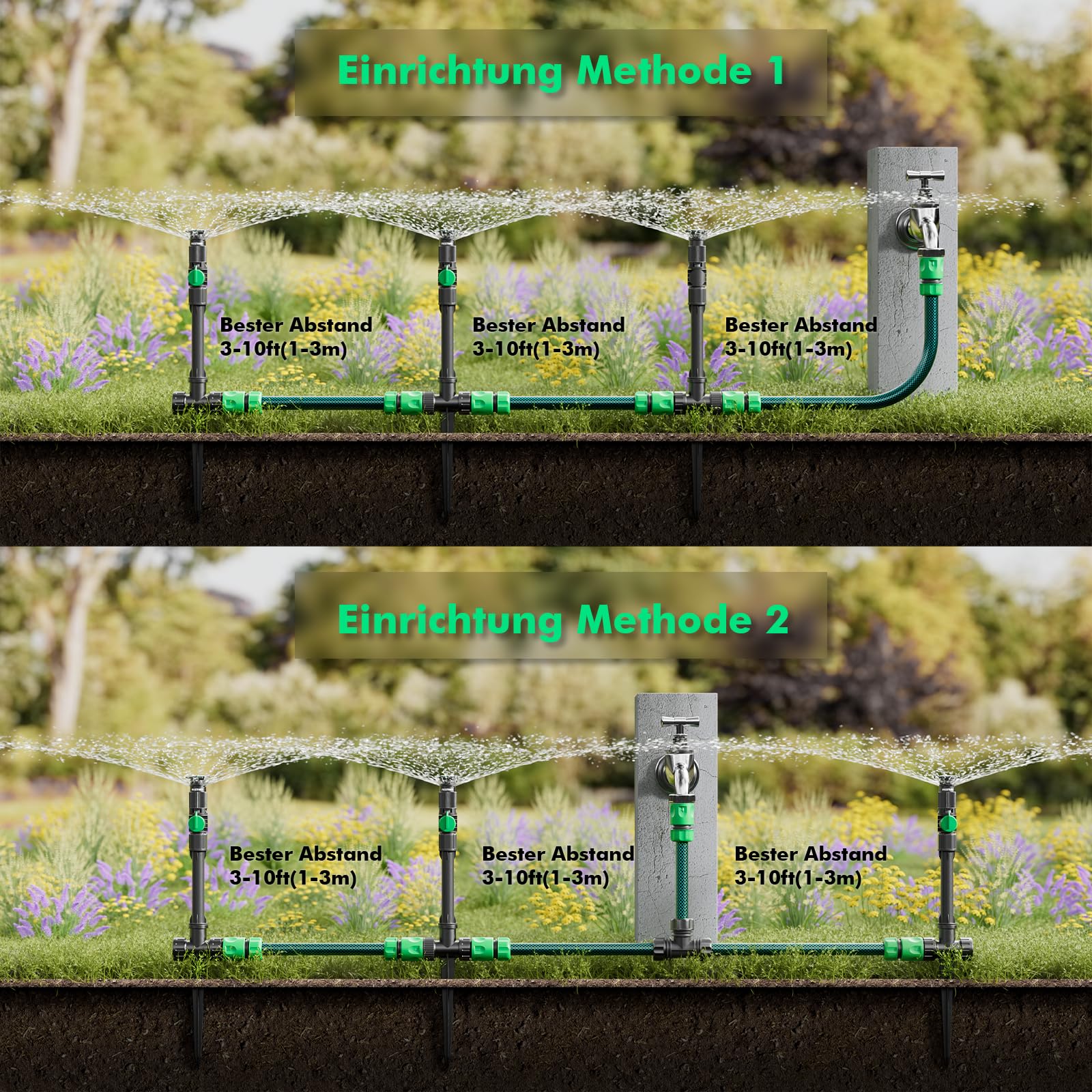 RESTMO Rasensprenger mit Erdspieß zur Gartenbewässerung, Mehrfach einstellbares Rasensprinkler, Flexibles bewässerungssystem für Garten, Pflanzen und Blumenbeete mit 10 m Gartenschlauch, Grün