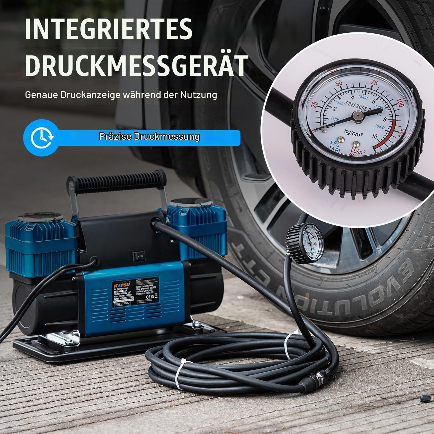 KATSU Tools Professionelle Auto Luftkompressor 2 Zylinder 150PSI 12V 90 Amp Großes Volumen Tragbarer Luftkompressor Reifenpumpe für 4WD Auto Van Trucks Fahrrad
