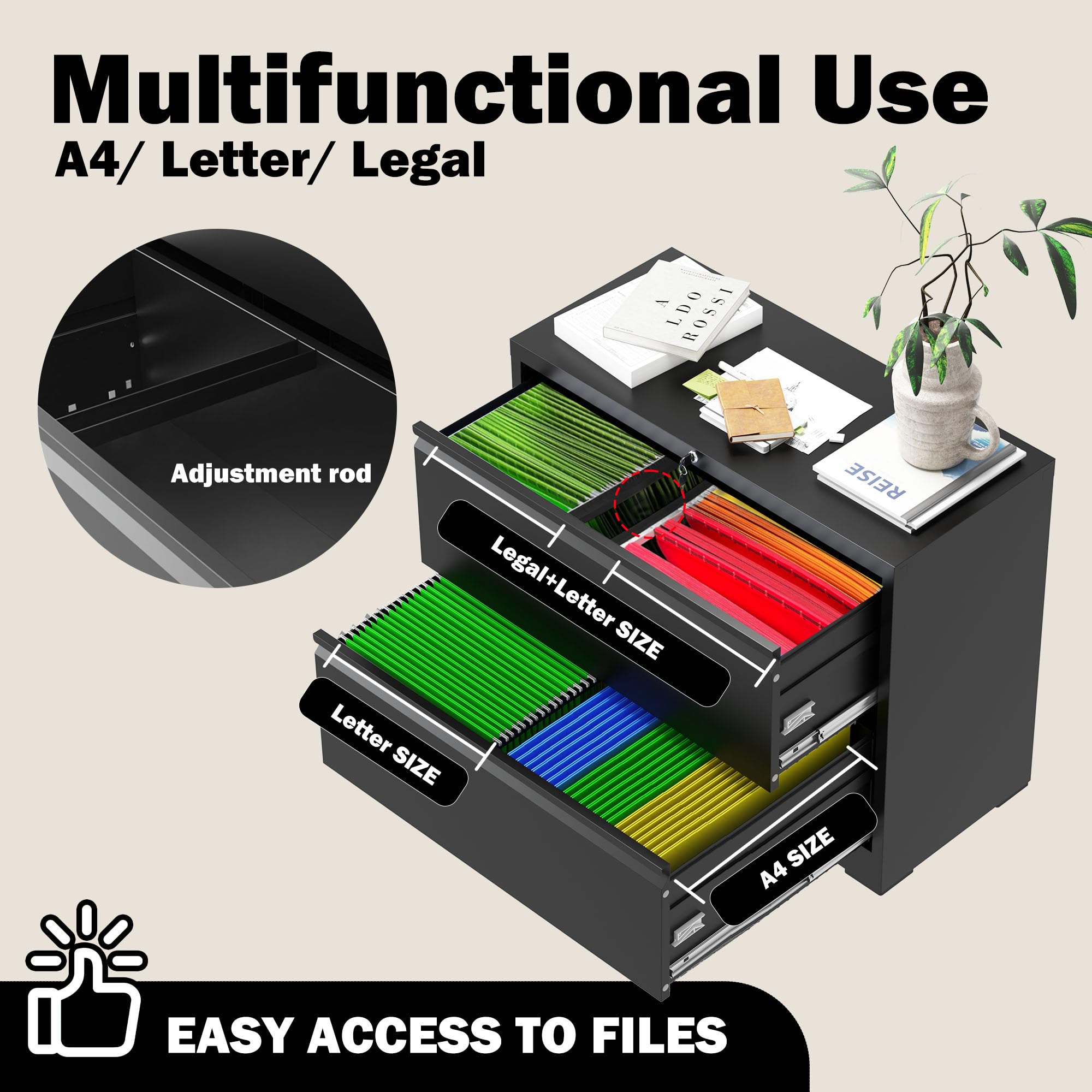 Lateral File Cabinet with Lock, 2 Drawer Filing Cabinet, Metal File Cabinets for Home Office, Steel Heavy-Duty Filing Storage Cabinet for Letters/Legal/A4 (Require Assembly, Black)