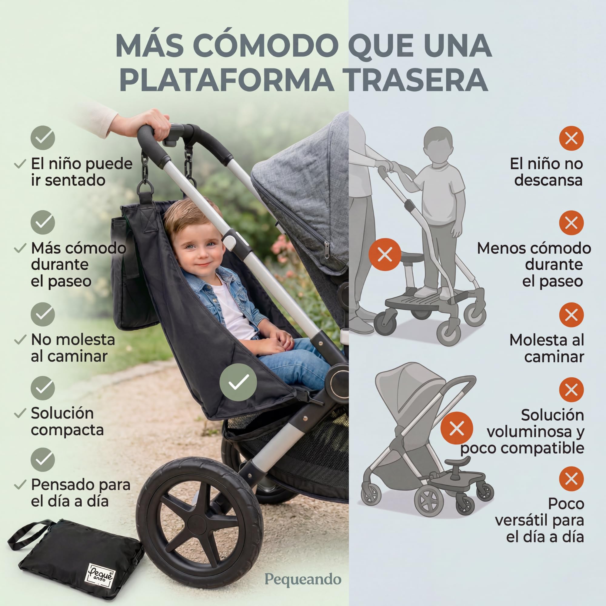 Asiento Extra Carro Bebé Convierte tu Carro en Gemelar Asiento para Descanso de Hermano Mayor Esta Hamaca Textil Compacta es una Alternativa al Patinete Carro Bebe (Color Negro)