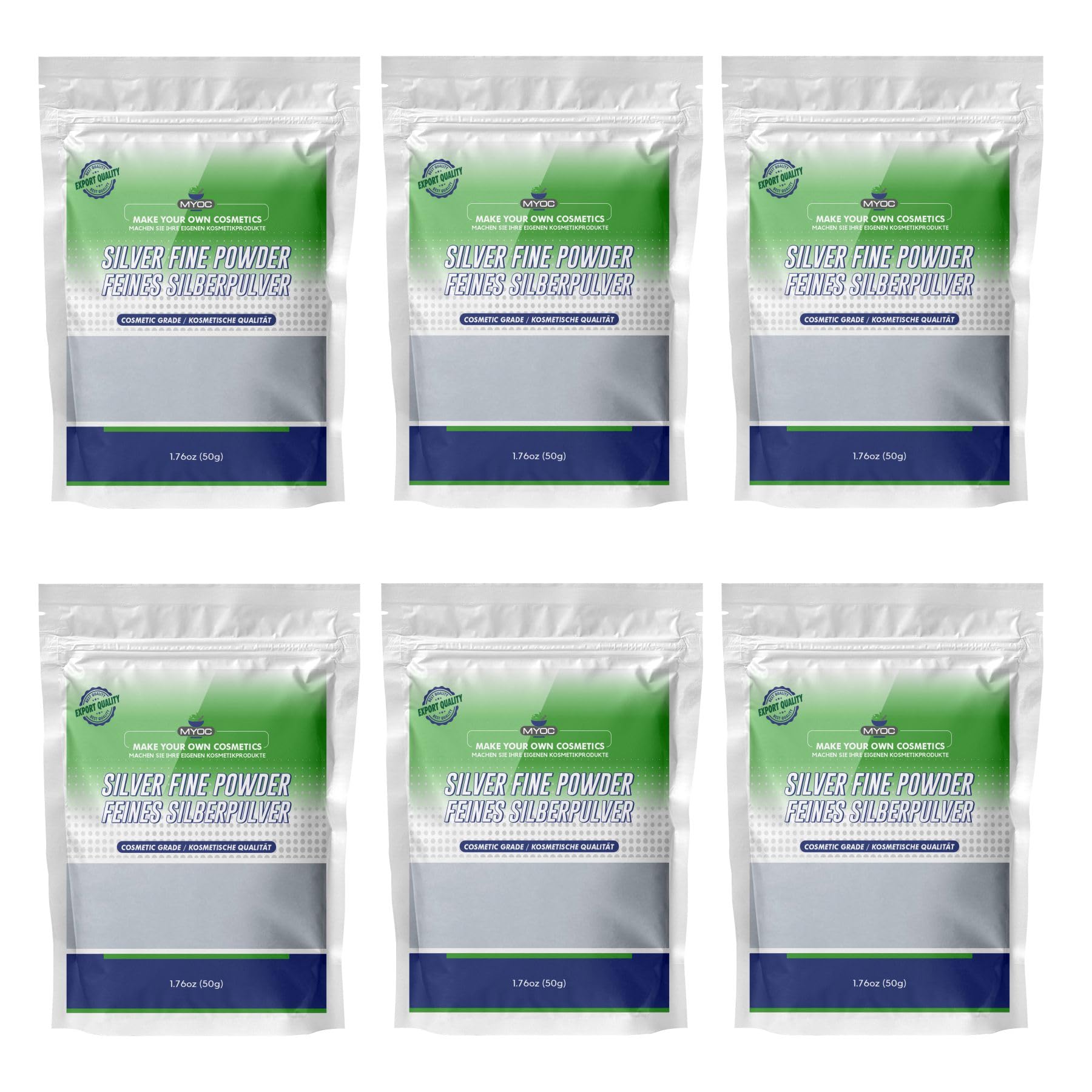 Myoc Silver Fine Powder | 6 Pack | Cosmetic Grade | Ultra-Fine Metallic Powder for DIY Skincare & Formulations - 50 g / 1.76 Oz