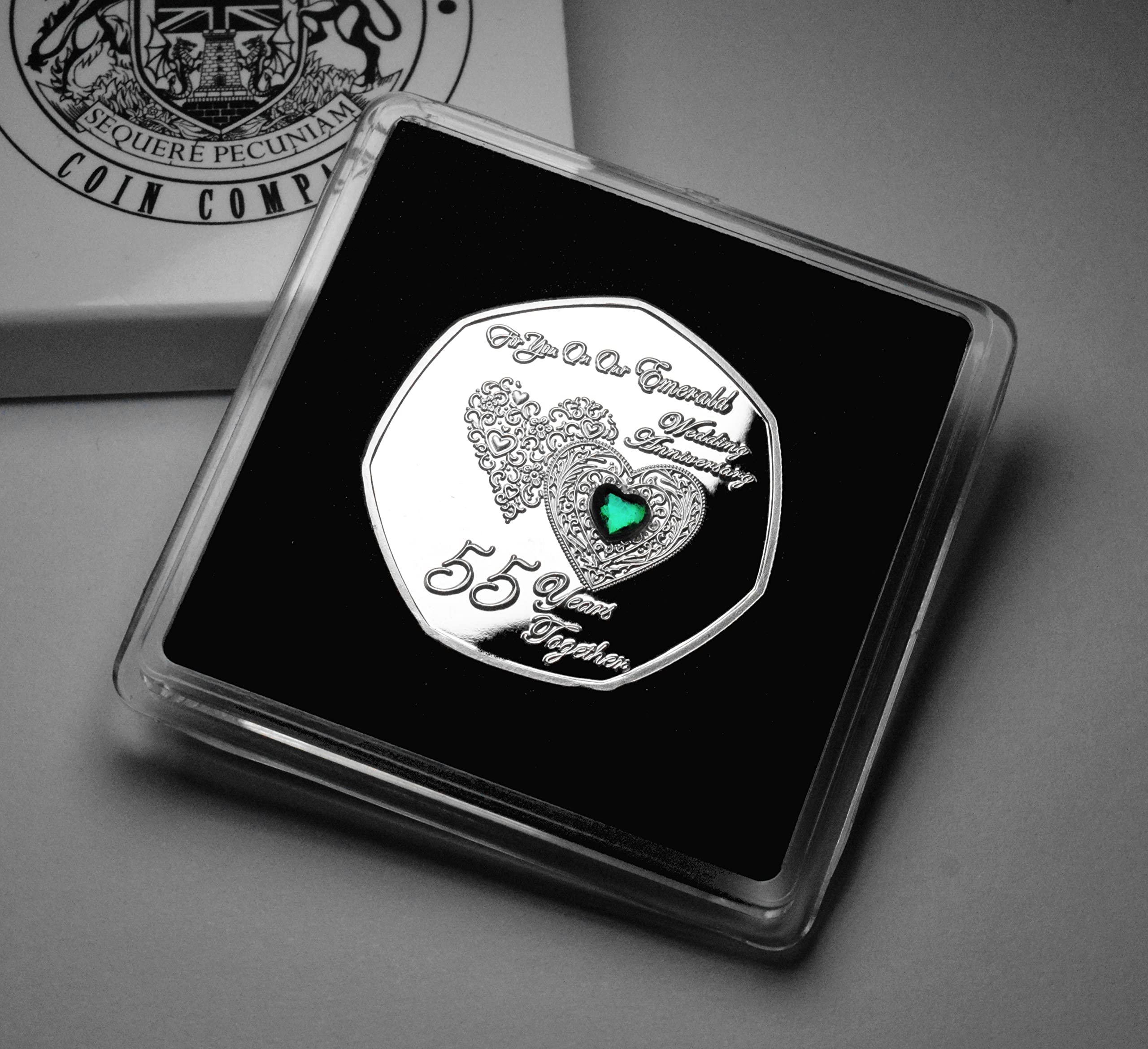 The Commemorative Coin Company Silver On Our 55Th Emerald Wedding Anniversary Commemorative In Presentation Case. Diamante Gemstone. 'I Love You' Husband/Wife 60 Years Partner/Gift/Present Love/Token