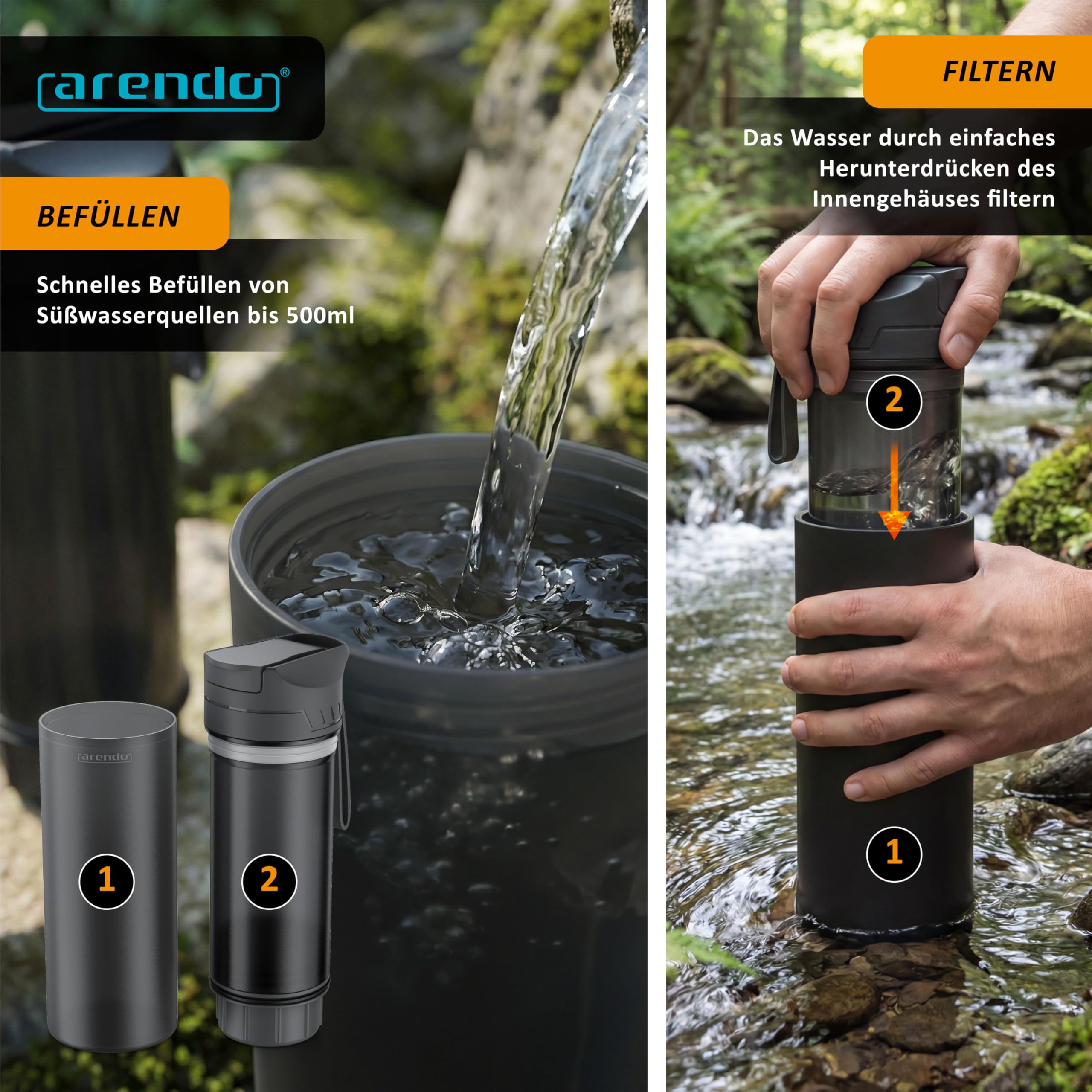 Arendo - Profi Outdoor Wasserfilter Flasche - 500 ml Trinkflasche – 2000 Liter Filterkapazität – filtert bis zu 99,99% der Viren Bakterien – entfernt Mikroplastik Chemikalien Schwermetalle