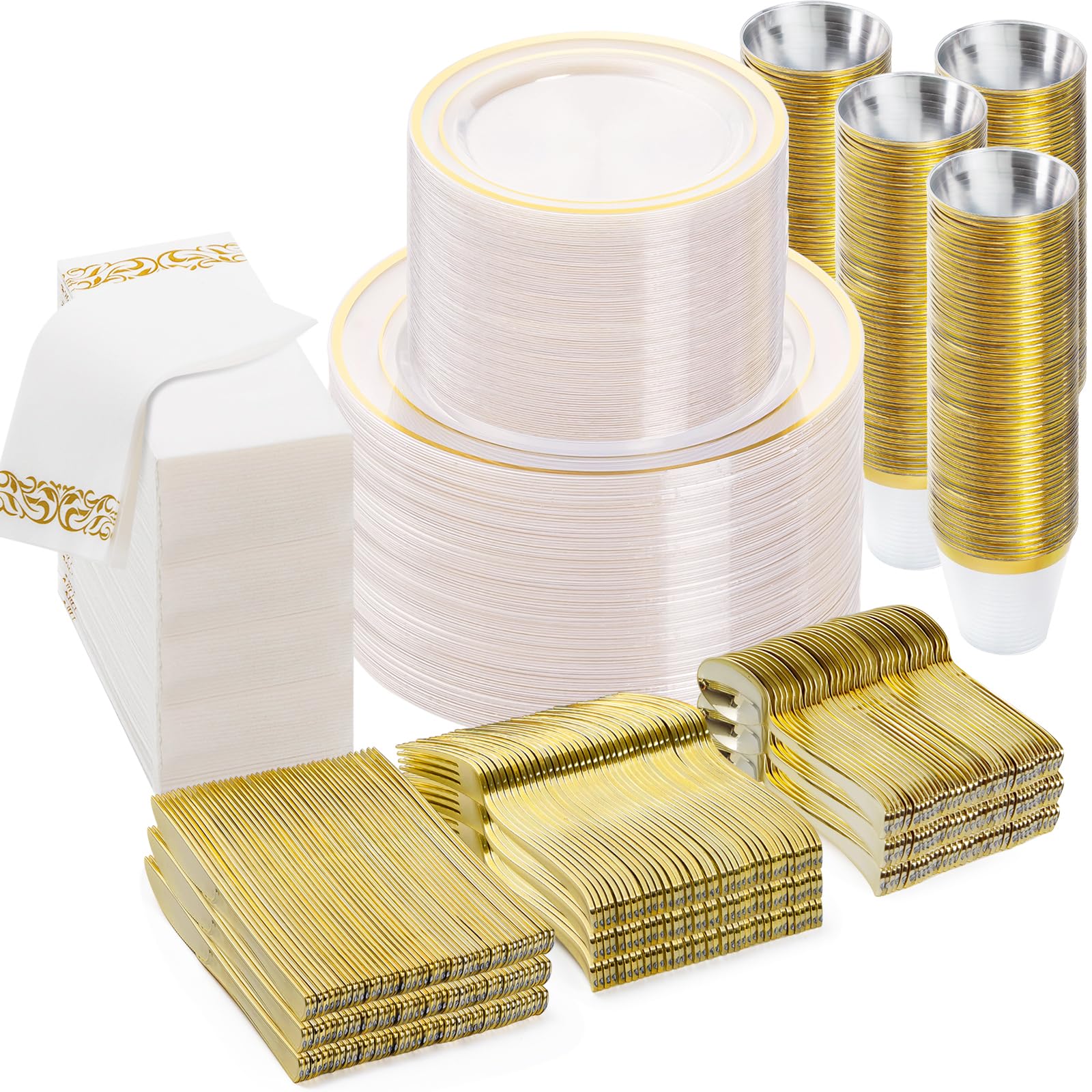 BESTVIP 700PCS Clear Gold Disposable Dinnerware Set (100 Guests), Plastic Plates for Party, Wedding, Party Supplies Include: 200 Plastic Plates, 100 Gold Silverware, 100 Cups, 100 Napkins