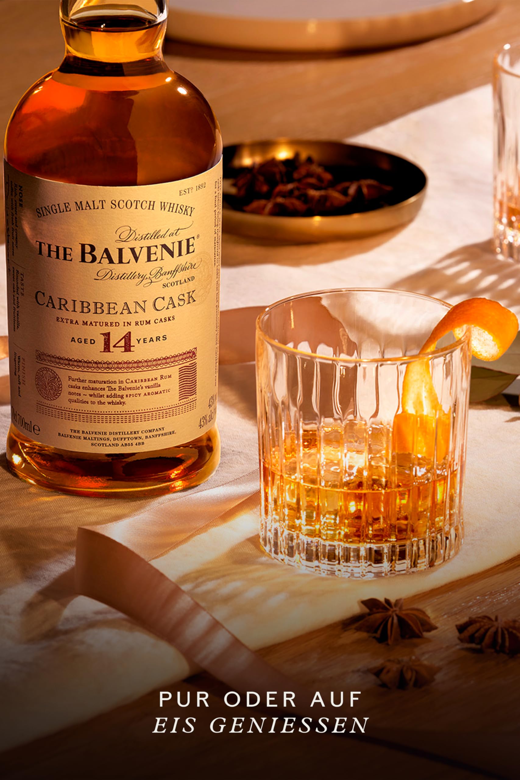 THE BALVENIE Caribbean Cask 14 Jahre Single Malt Scotch Whisky – nachgereift in Rumfässern – mild & honigsüß – cremiges Karamell & frische Fruchtnoten – aromatisch & ausgewogen – 43% vol. – 70 cl