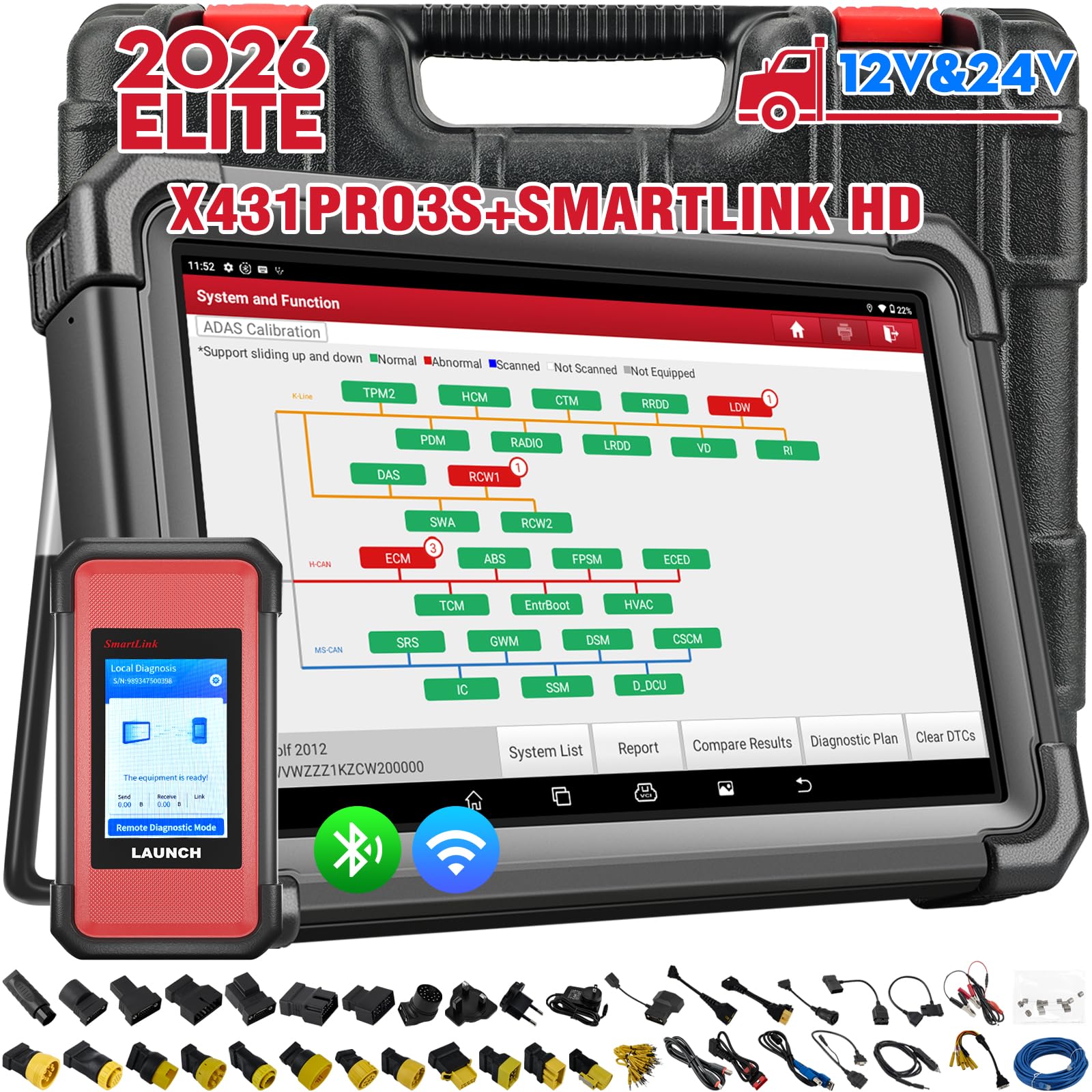 LAUNCH X431 PRO3S+ Smartlink HD Heavy Duty Truck Scanner,2026 Diesel&Gasoline Bidirectional Diagnostic Scan Tool with J2534 Protocols,Topology Map,60+Service,ECU Code,CANFD &DOIP,2 Yrs Free Update
