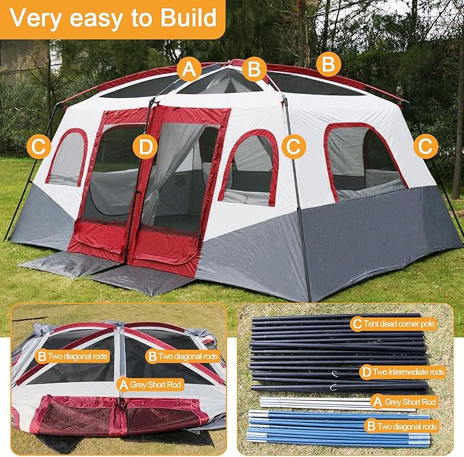 Tenda da campeggio Tenda per 8-12 persone con 2 camere da letto Tenda grande Tenda da esterno a doppio strato per tenda da campeggio impermeabile per famiglie