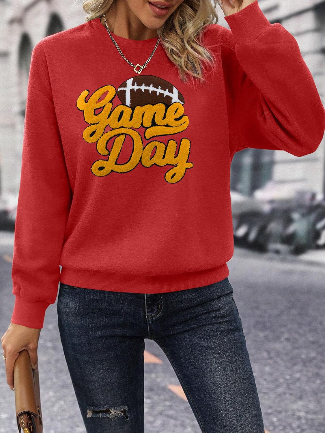 Football Game Day Sweatshirt for Women Game Day Chenille Patch Shirts Football Graphic Long Sleeve Tops - Image 3