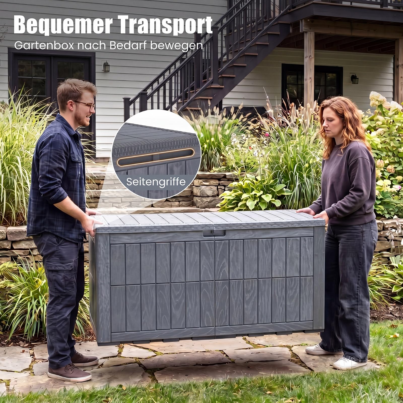 COSTWAY Gartenbox Outdoor mit abschließbarem Deckel (Grau,455 L) | Aufbewahrungsbox mit Gasdruckfedern & Griffen, wetterfeste Auflagenbox Kissenbox für Garten, Terrasse & Balkon