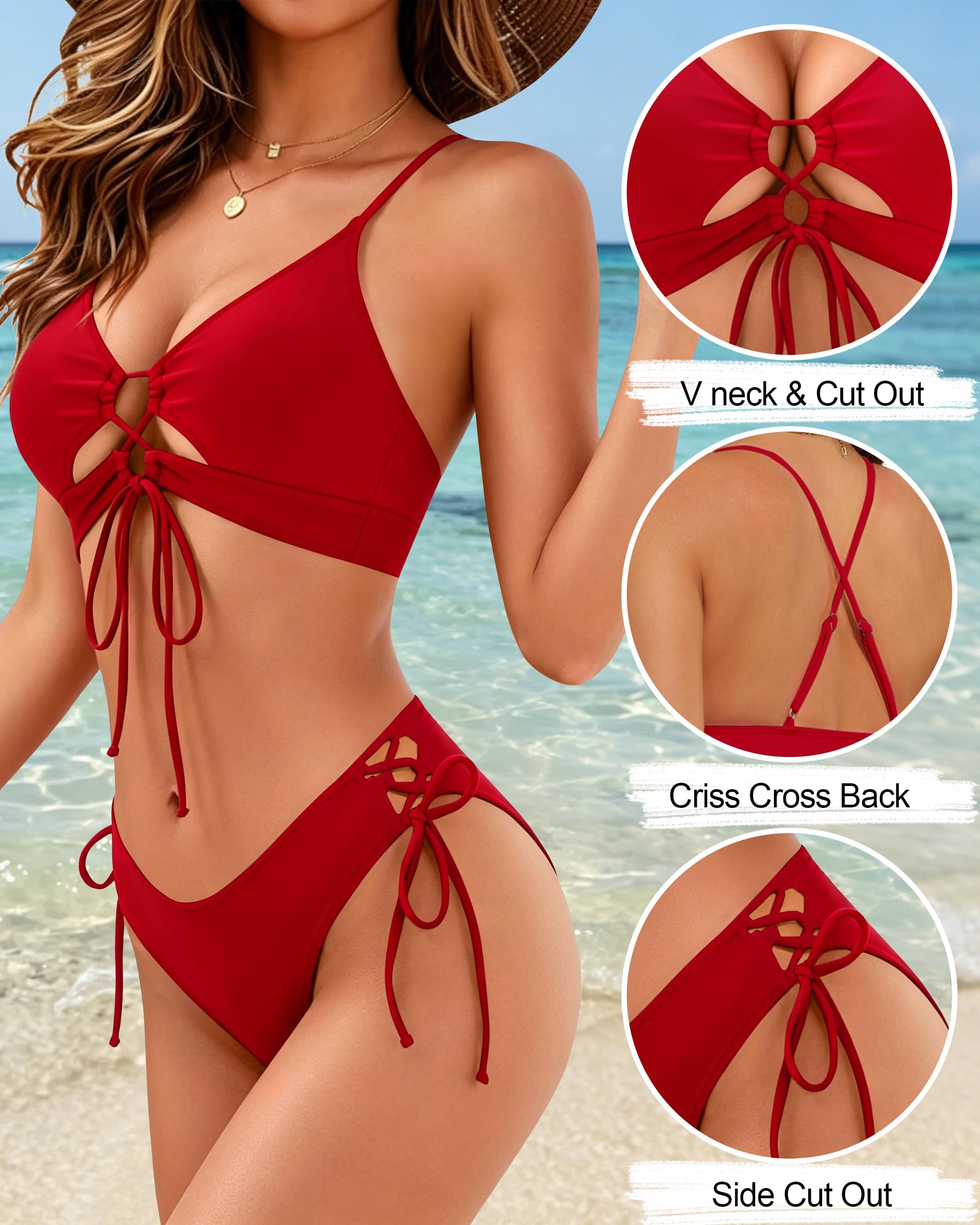HORISUN Seksowny zestaw bikini dla kobiet o krągłej sylwetce, 2-częściowy kostium kąpielowy z wysokim wycięciem na nogi, sznurkiem i regulowanymi tasiemkami do wiązania