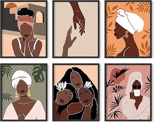 HAUS AND HUES Black Woman - Juego de 6 pinturas para pared, cuadros de niña negra para pared, carteles, mujeres de color, moda, arte de pared negro